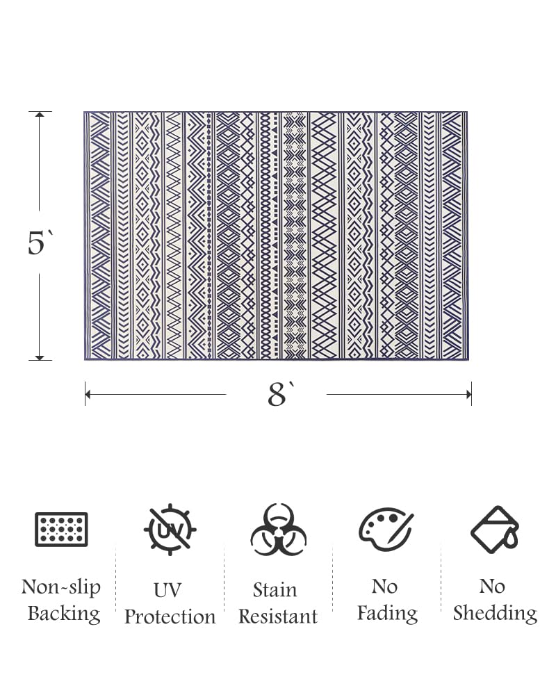 Outdoor Rug Carpet 5x8 ft, Flatweave Textured Outdoor Patio Rug Non Slip Indoor Outdoor Rugs with Rubber Particles Backing Boho Outdoor Area Rug for Patio Deck Front Porch Backyard Balcony, Navy