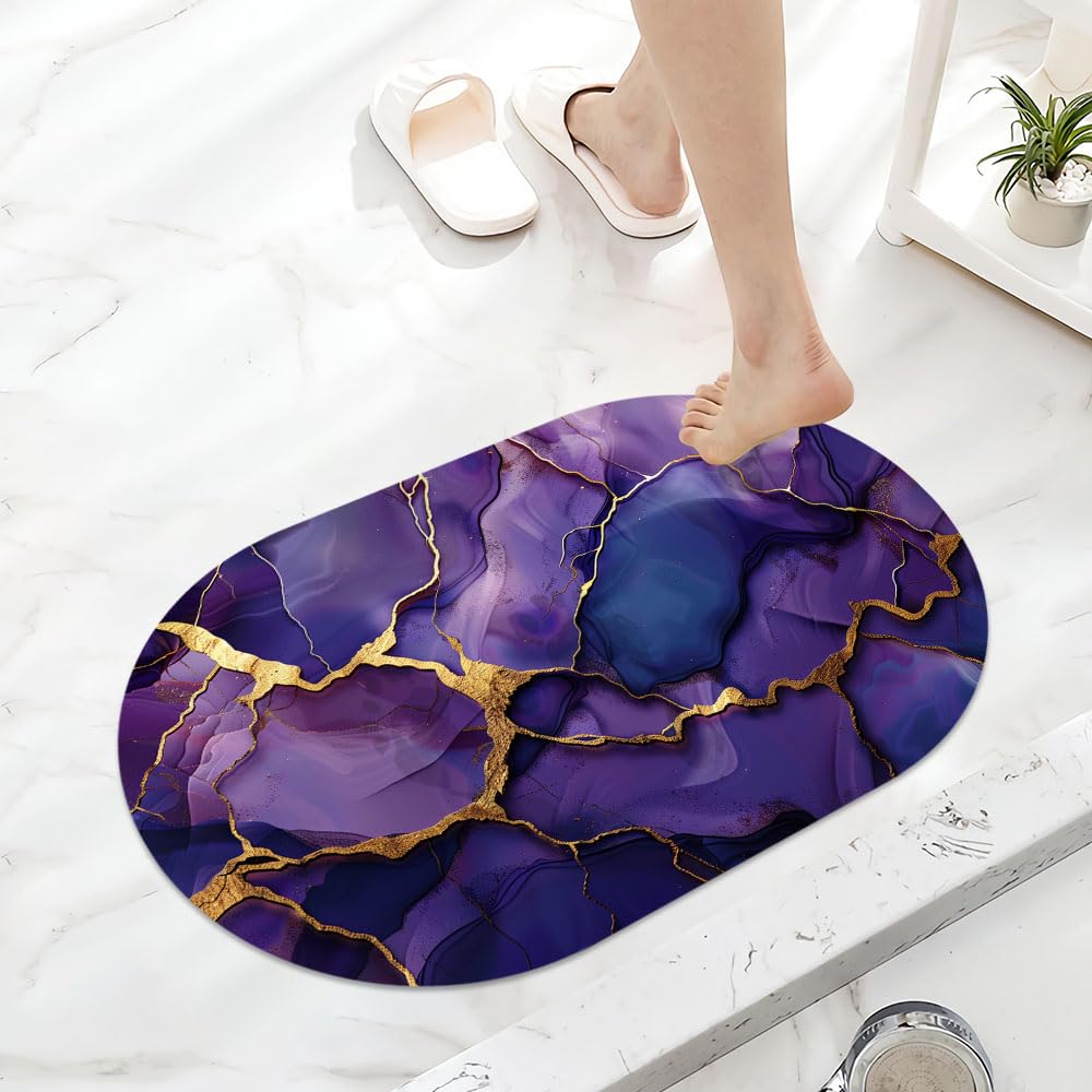 ZHUZHISHAN Deep Purple Gold Marble, Super Absorbent Quick-Drying Bathroom Mat Rug, Rubber Non-Slip Bottoms, Easy to Clean,Ultra Thin Bathroom Rugs Fit Under Door and Bathtub(16×24Inch)