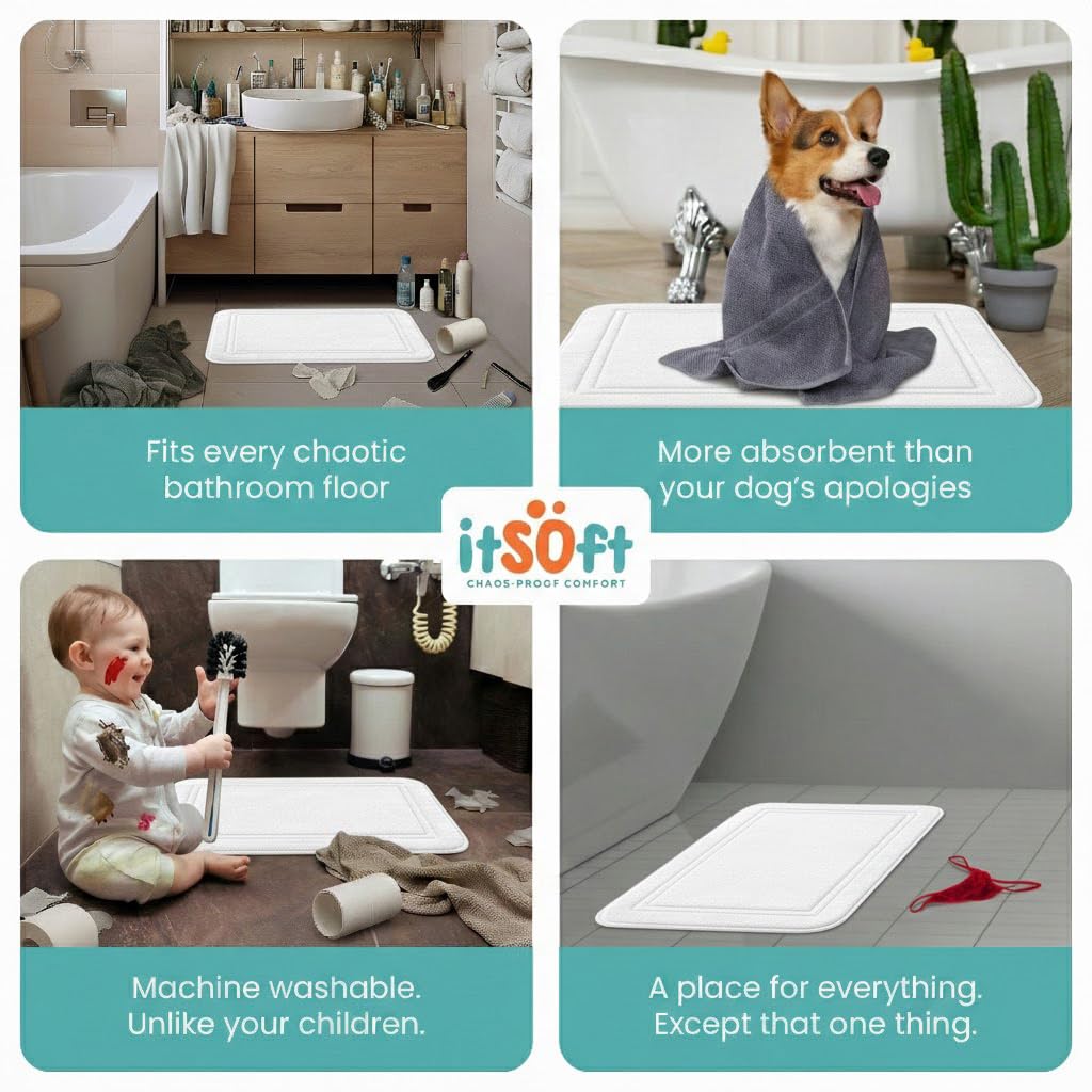 ITSOFT Memory Foam Bath Mat 31x20, Non Slip, Machine Washable, Quick Dry & Absorbent Rugs, Bath Mats for Bathroom Floor, Tub & Shower, Bathroom Rug, White