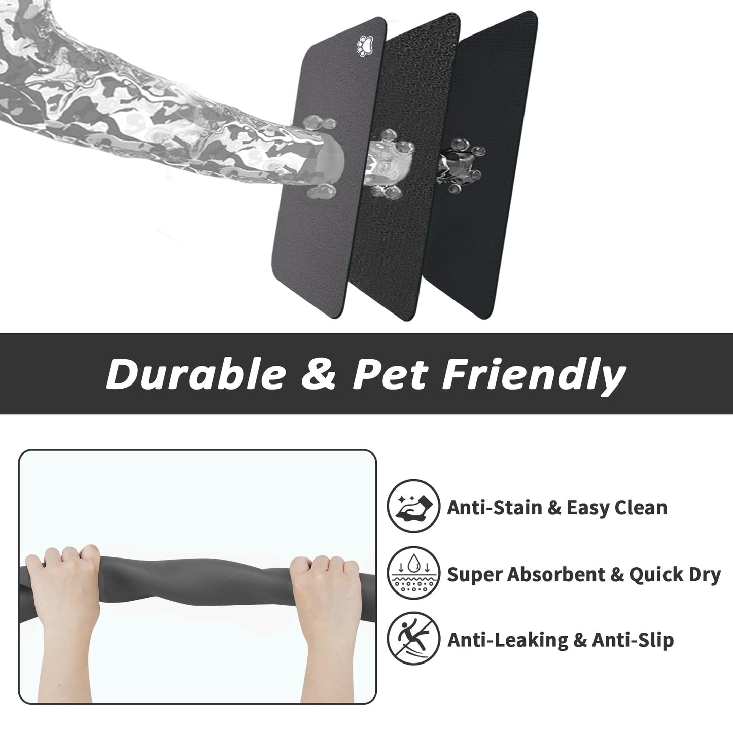 HotLive Dog Food Mat - Absorbent Cat Mat for Food and Water, No Stains Pet Feeding Bowl Mat, Easy to Clean Pet Placemats, Quick Dry Dog Water Dispenser Mat for Messy Drinkers | Paw Dark Grey 12"x 19"