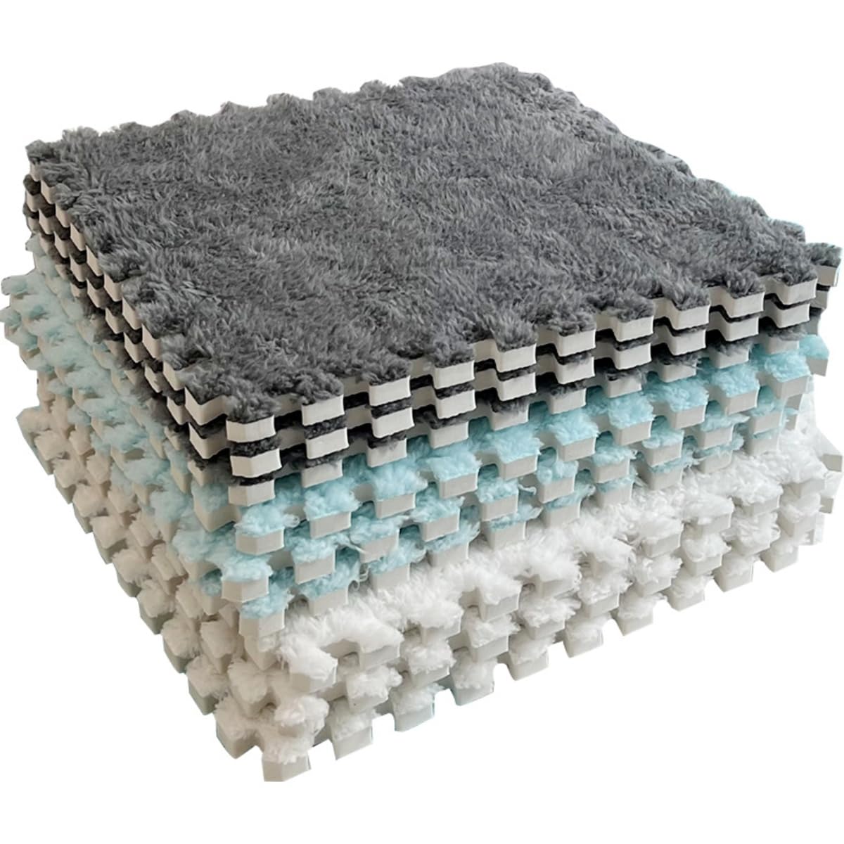 12Pcs Plush Foam Floor Mat,Plush Interlocking Carpet Tiles,Anti-Slip Square Puzzle Floor Mat,EVA Foam Area Rugs for Bedroom Playroom (White+Black)