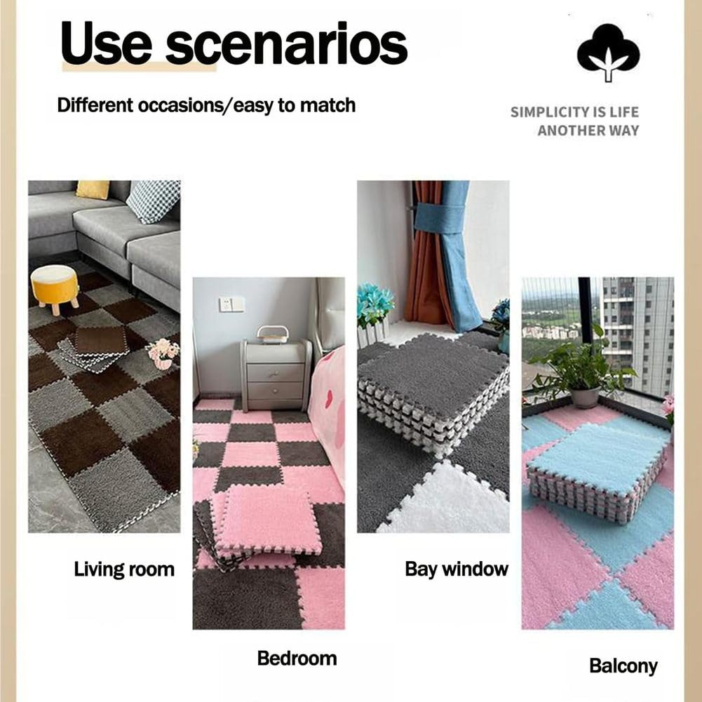 FYYSJW 10 Piece Plush Patchwork Foam Floor Mat, Soft Interlocking Floor Carpet Squares, Fluffy Puzzle Area Rug, 12 X 12 Inch,Khaki
