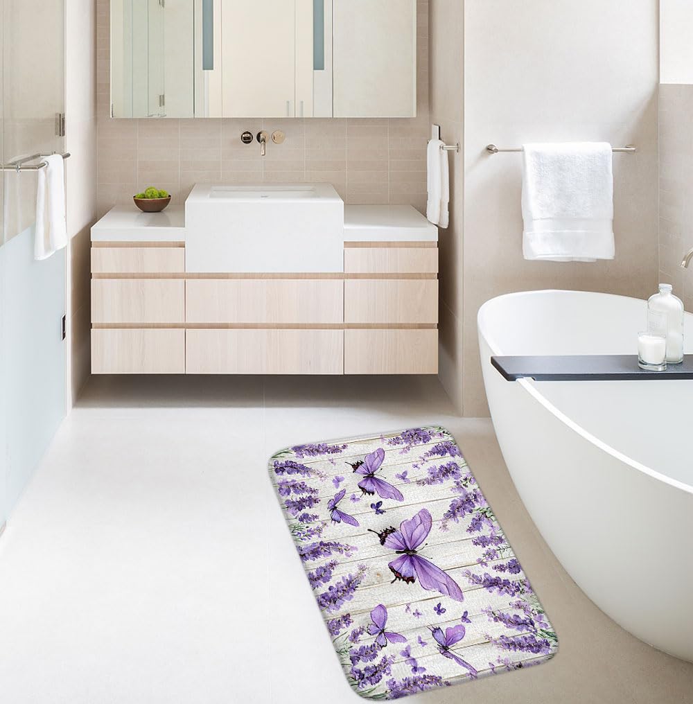 Lavender Butterfly Bath Mat Purple Flower Rustic Flowers Spring Violet Floral Watercolor Farmhouse Wooden Plank Women Bathroom Rugs Indoor Carpet Bathtub Rug 17.7 x 29.5 Inch
