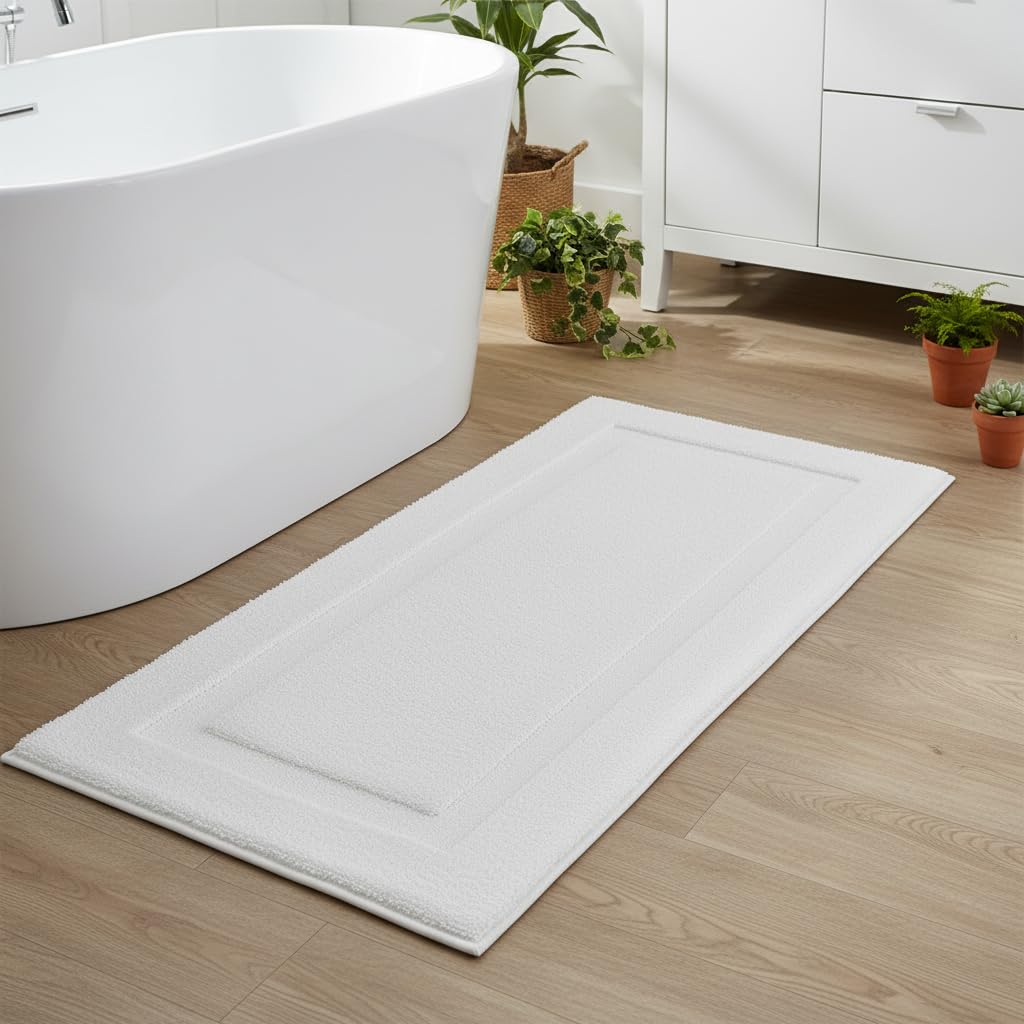 SHACOS Large Soft Bathroom Rugs 24"x60" Long Bath Runners Non Slip Washable Absorbent Bath Mats Carpets Bathroom Tub Double Sink Vanity Floor Mats, White 2'x5'