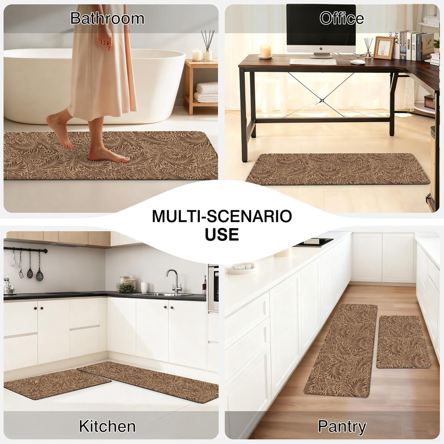 Tropical Palm Leaf Anti Fatigue kitchen Rug and Mat Non Slip Comfort Washable Waterproof Brown botanical Kitchen decor Mat, Ergonomic standing Rug Set of 2 for Home, Sink, Laundry, 17.3"x47"+17.3"x30"