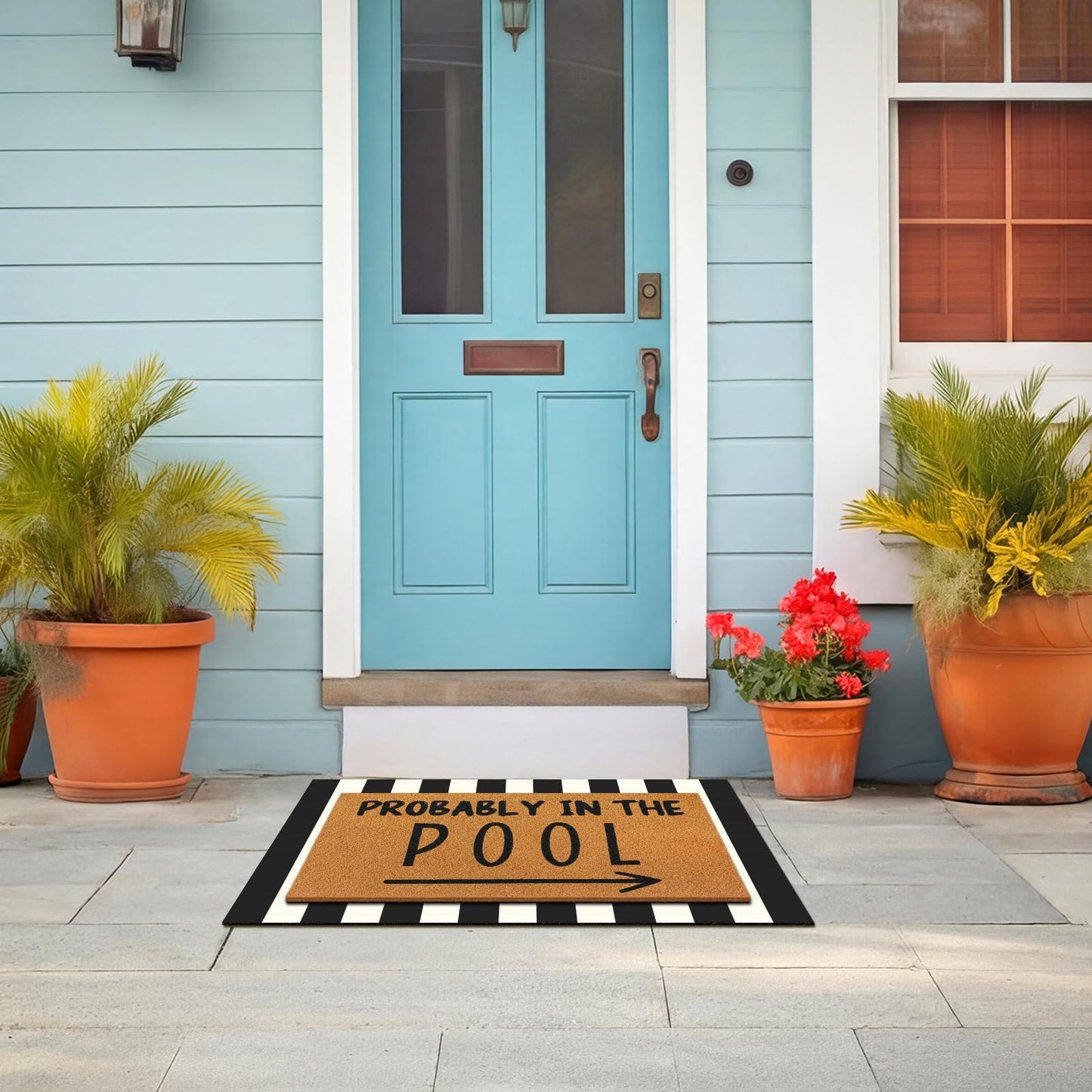 Tinideya 2 Pcs Summer Door Mat Probably in the Pool Welcome Non Slip Coir Mats Floor Layering Black and White Strips Doormats Seasonal for Front Porch Entryway Decor(Pool)