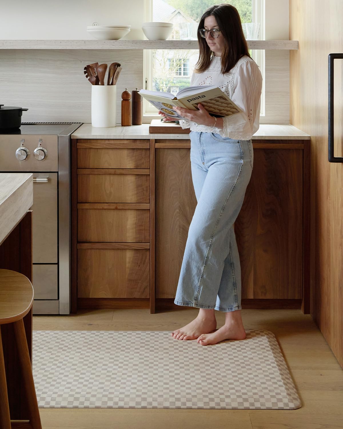 House of Noa Nama Standing Mat – Anti-Fatigue Cushioned Kitchen Mats for Floor | Ergonomic Bounce-Back Foam Kitchen Mats | Anti-Fatigue Mats for Kitchen & Standing | Checker Almond | 22" x 54"