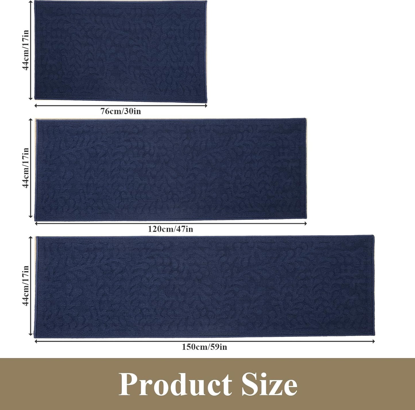 SHACOS Kitchen Rugs Sets of 3 Non Slip Polypropylene Low Pile Absorbent Resist Dirt Washable Kitchen Floor Mat 3 Piece for Entryway, Hallway, Front of Sink, Blue