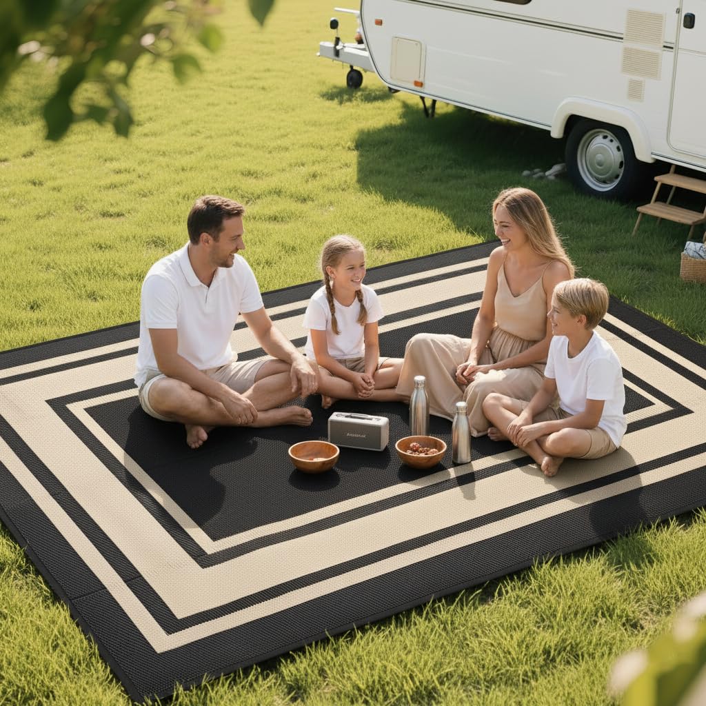 RURALITY Outdoor Rugs 5x8 Waterproof for Patios Clearance,Plastic Straw Mats for Backyard,Porch,Deck,Balcony,Reversible,Black and Beige