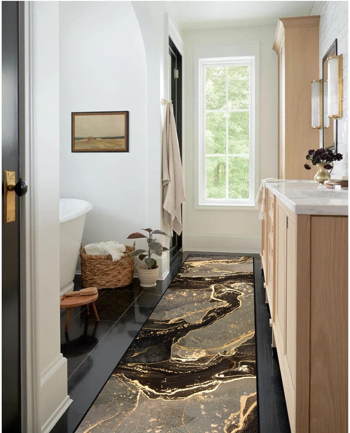 Modern Abstract Marble Runner Rug - 2x8 Luxury Hallway Rug Non-Slip Soft Washable Runner Rug for Entryways Hallways Bedroom Laundry Room Kitchen (Brown/Gold)