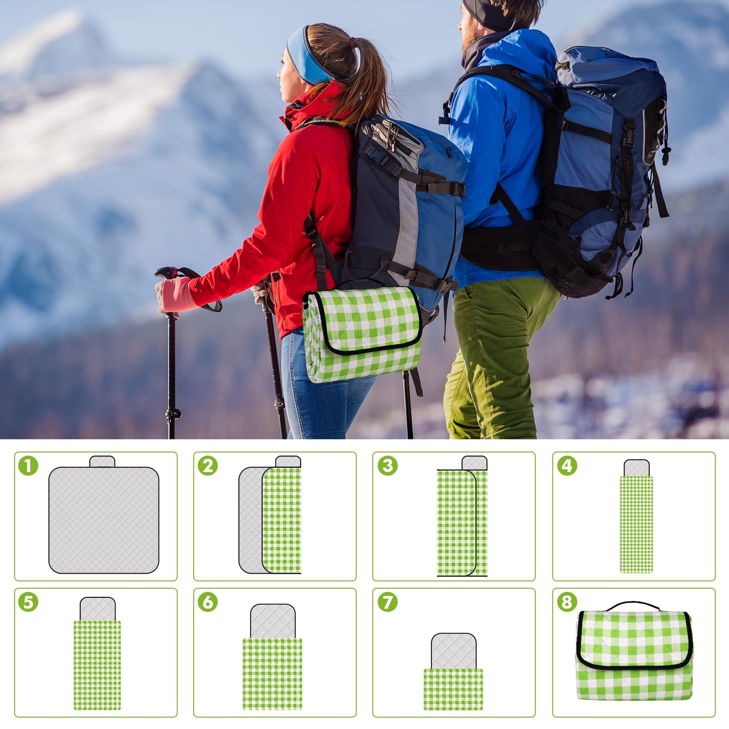 XEHAHOSH 78.7''x78.7'' Extra Large Picnic Beach Blankets, 3 Layers Plaid Waterproof Thickened Foldable Camping Blanket, All-in-one Portable Mat, Suitable for Park, Camping, Outdoor Indoor, Green