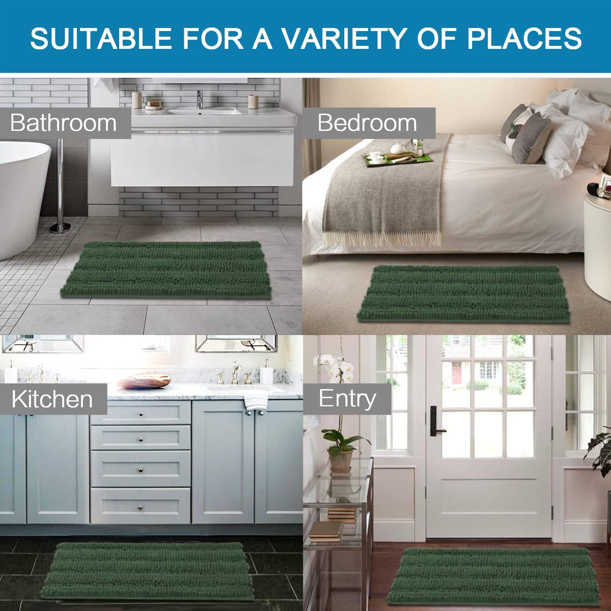 H.VERSAILTEX Extra Thick Chenille Striped Pattern Bath Rugs for Bathroom Non Slip - Soft Plush Shaggy Mats Floor, Indoor Entryway (Bronze Green, 32 x 20 Plus 24 17 Inches)