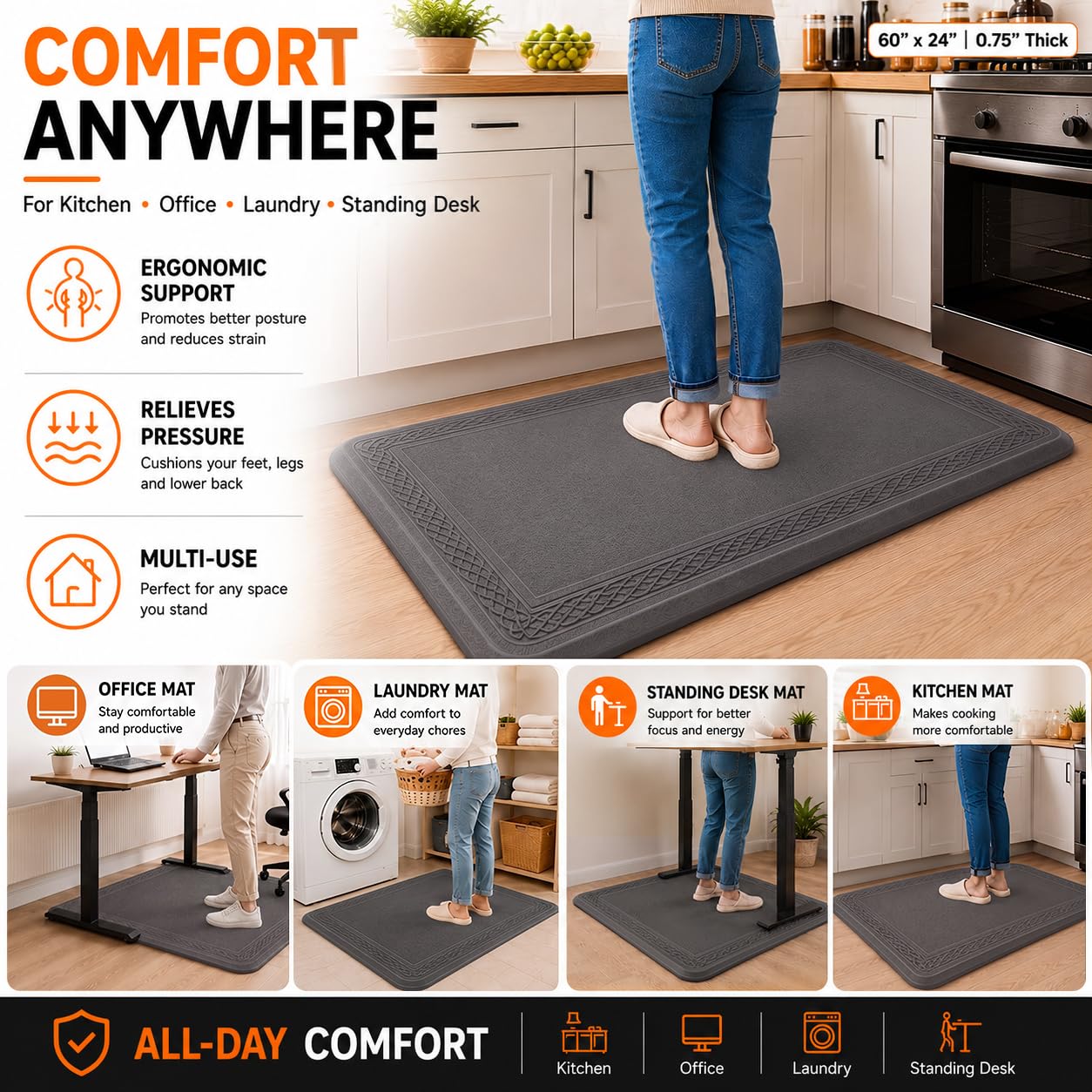 24 x 60 Inch Extra Support Anti Fatigue Comfort Kitchen Mat, Waterproof Long Kitchen Runner, Non-Slip Standing Desk Mat, Commercial Pads for Offices, Home, Garages (Bordeaux Grey, 24'' x 60'')
