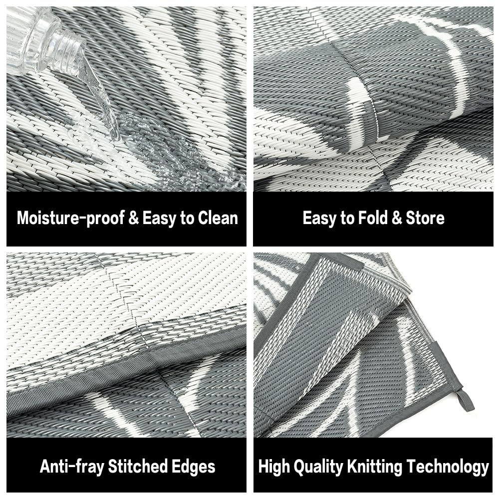 HUGEAR 9'x12' Outdoor Rug Waterproof Plastic Straw Rugs Large Grey Reversible Olive Leaf Mat Floor Carpet for Camping RV Deck Entryance Porch Picnic Balcony Beach Backyard