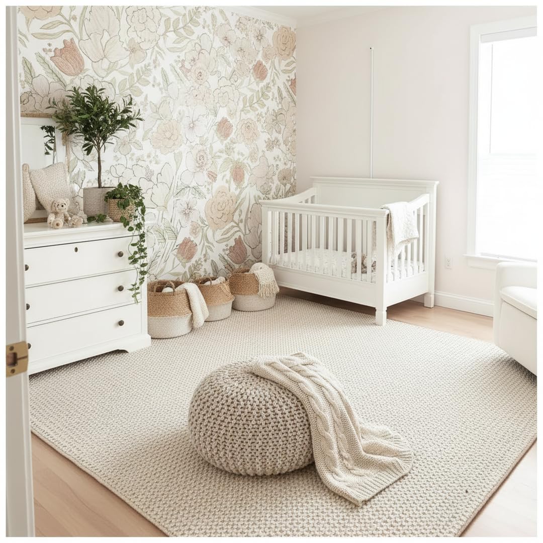 The Knitted Co. Handwoven Wool Area Rug - Hand Woven Natural Carpet Rugs- Bedroom Living Room Dining Room (Ivory- 6'x9')