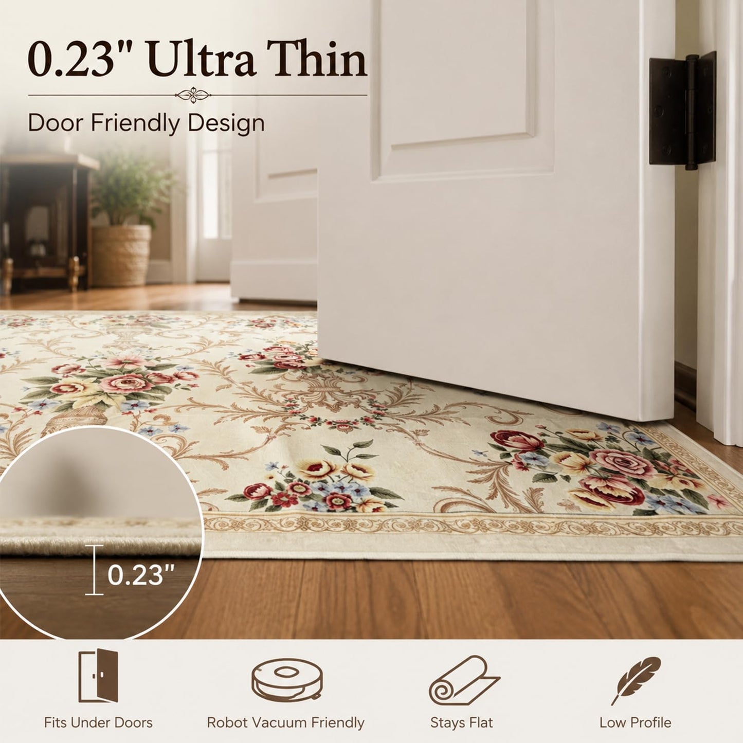 Helthep Washable Vintage Floral Area Rug 8x10, Ultra Soft Faux Wool Low Pile Rug, Non-Slip Backing,Soft Farmhouse Boho Cream Rug for Bedroom Dining Room Home Office, Pet & Kid Friendly