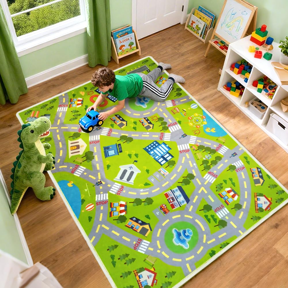 Xuzrdaa Kids Carpet Car Rug Play Mat, Road Rug - Play Learn and Have Fun Safely - Extra Large Thick (0.6cm) Kids Carpet for Playroom, Kids Bedroom, Toddler Room, Non-Slip Rugs(KR1,2.6 * 4ft)