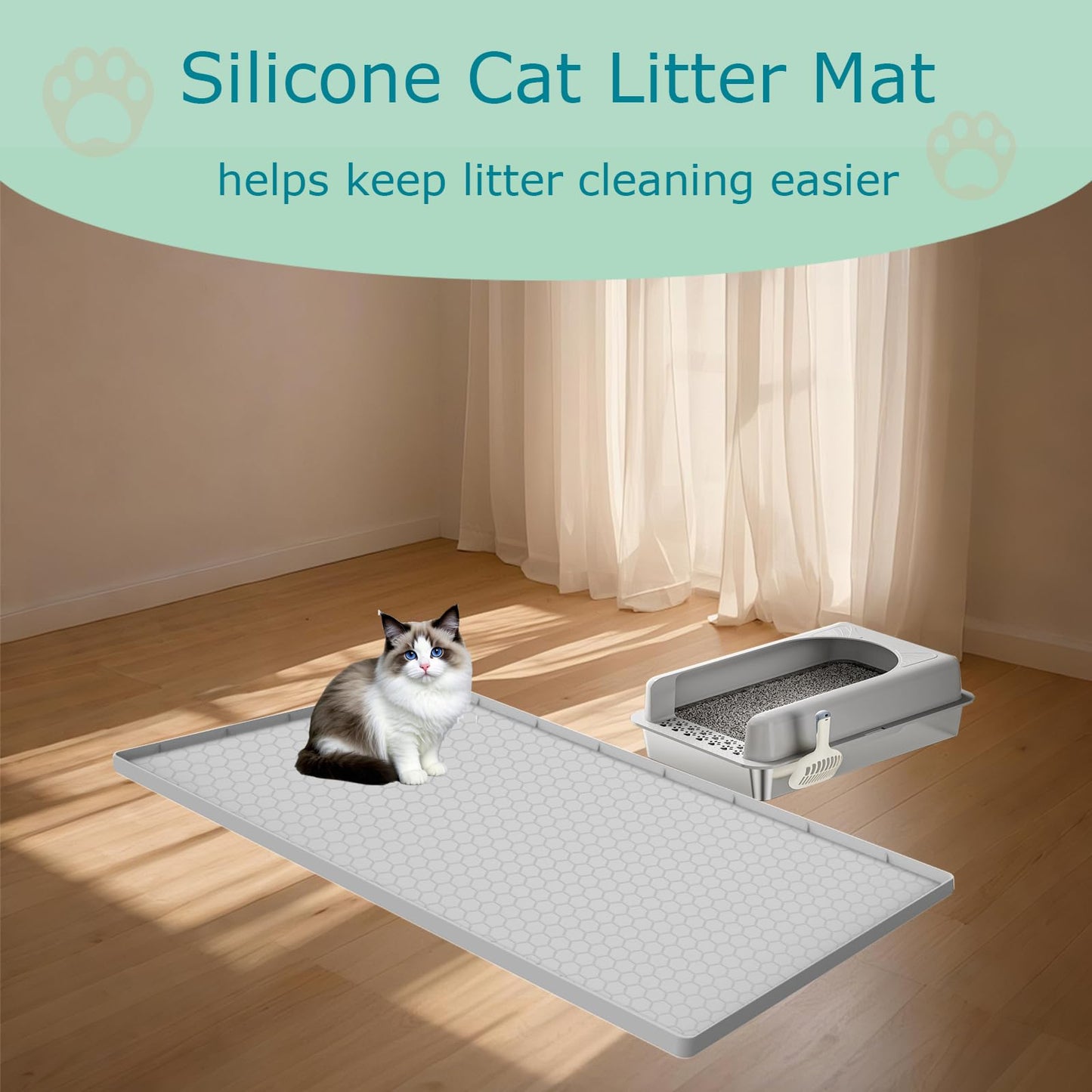 JSXZWOO Cat Litter Mat for Litter Box, Silicone Large Cat Litter Trapping Mat - 25x19 in, Waterproof & Non-Slip, Durable & Easy Clean, Light Grey