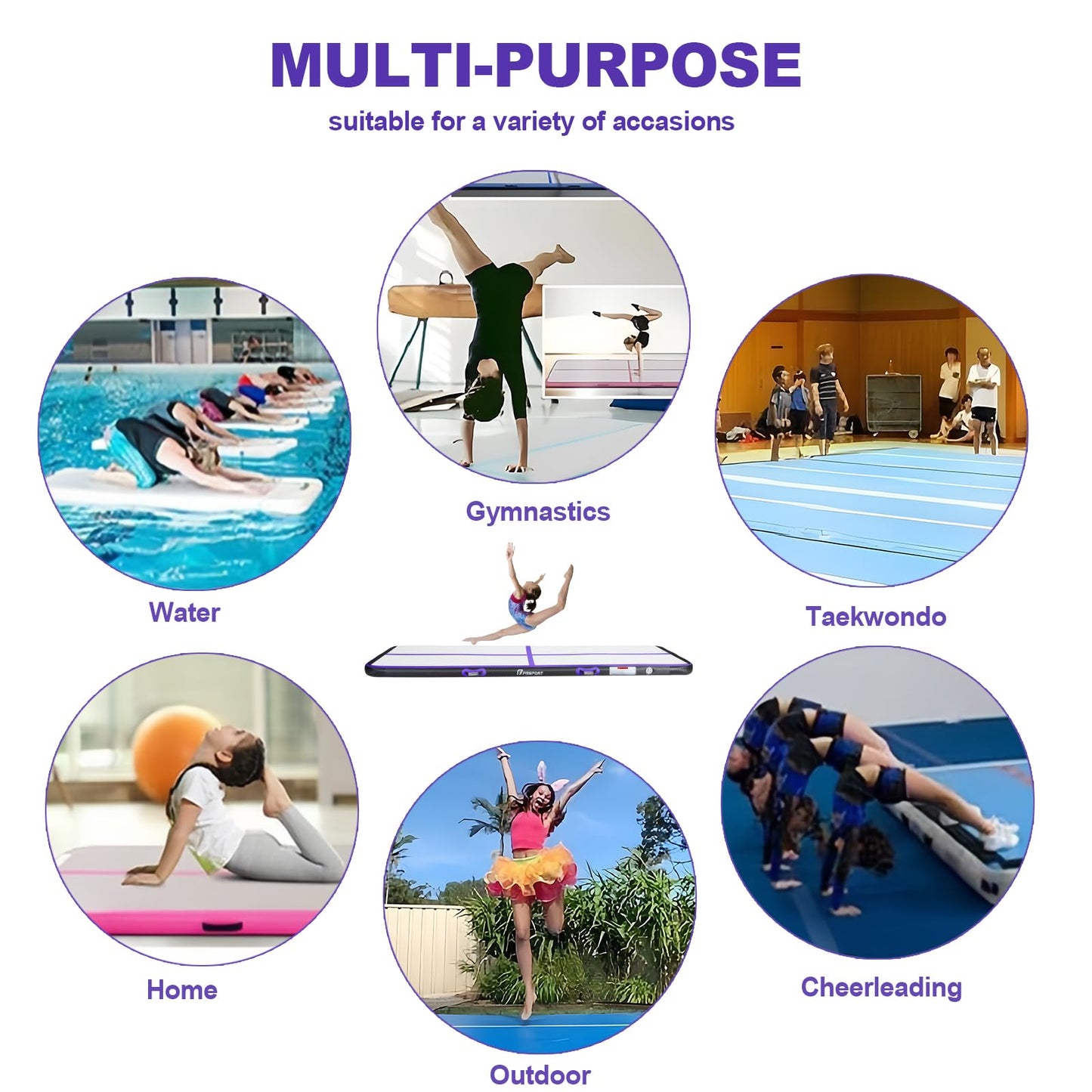 FBSPORT 10ft Inflatable Air Gymnastics Mat Training Mats 8 inches Thickness Gymnastics Tracks for Home Use/Training/Cheerleading/Yoga/Water with Pump