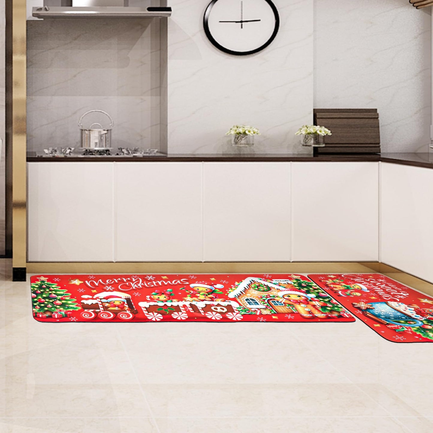 Gingerbread Man Christmas Kitchen Rugs Mats Decorations Set of 2 Winter Holiday Sink Floor Mat Carpet Non Slip Absorbent Funny Kitchen Rug Farmhouse Floor Mat Decor 17x30 and 17x47 Inch