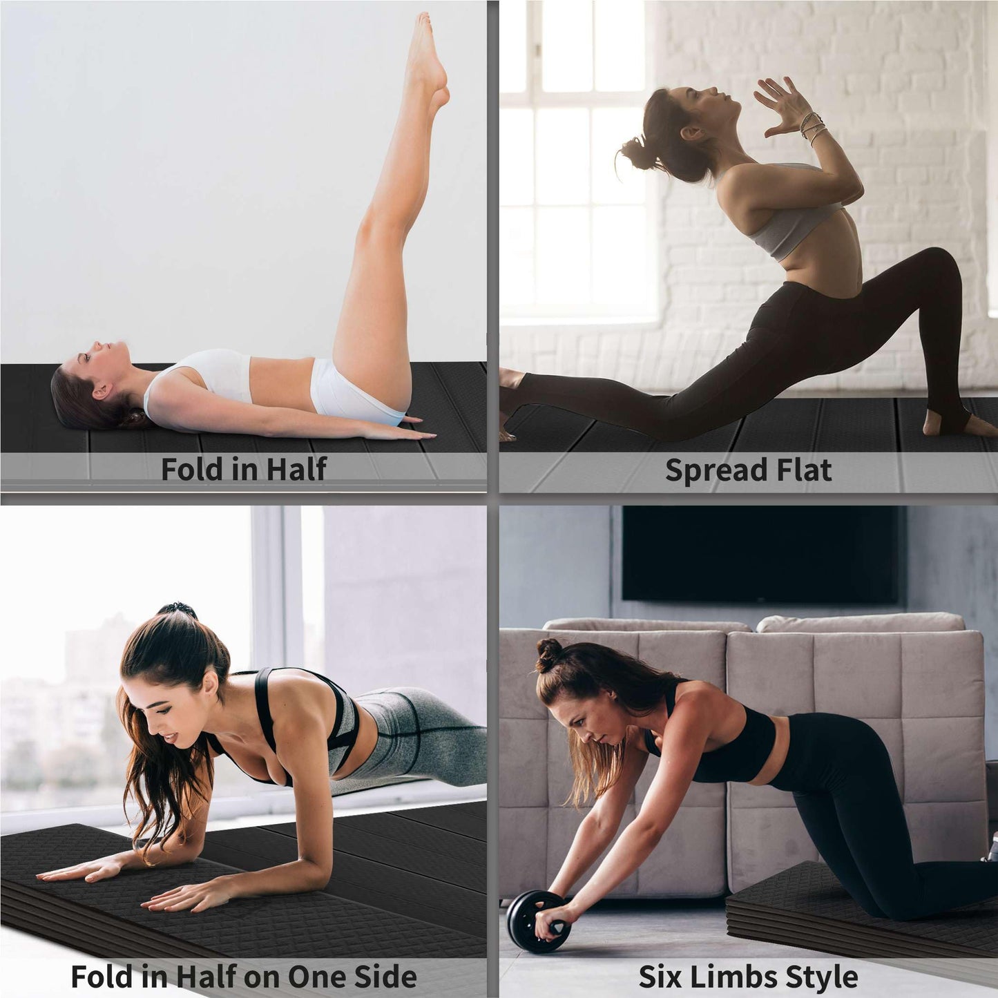 Feetlu Foldable Large Yoga Mat, Extra Space 72"L x 48"W (183 x 122 cm), 6mm & 8mm Thick, Workout Mat for Home Gym and Travel - Anti-Slip Folding Exercise Mat for Yoga & Pilates - Black 6mm