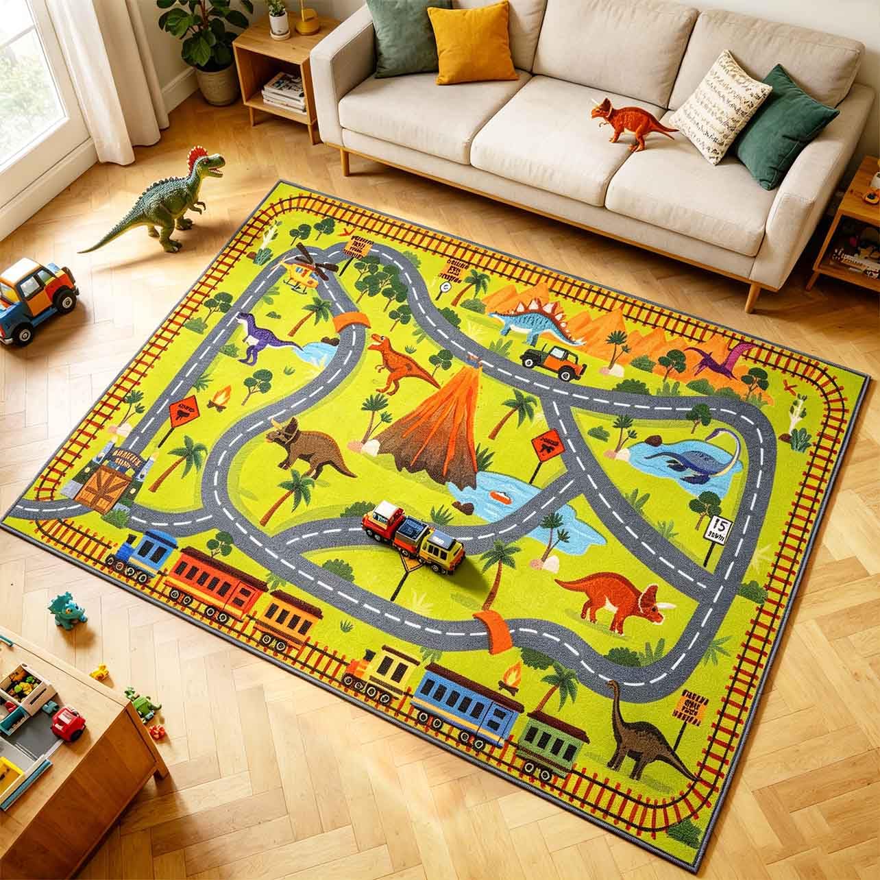 LIVEBOX Kids Dinosaur Car Rug Play Mat, Washable Playroom Rug with Roads for Toy Cars, Non Slip Safari Dino Park Adventure Carpet for Boys Bedroom( 5.3x6.6 ft )