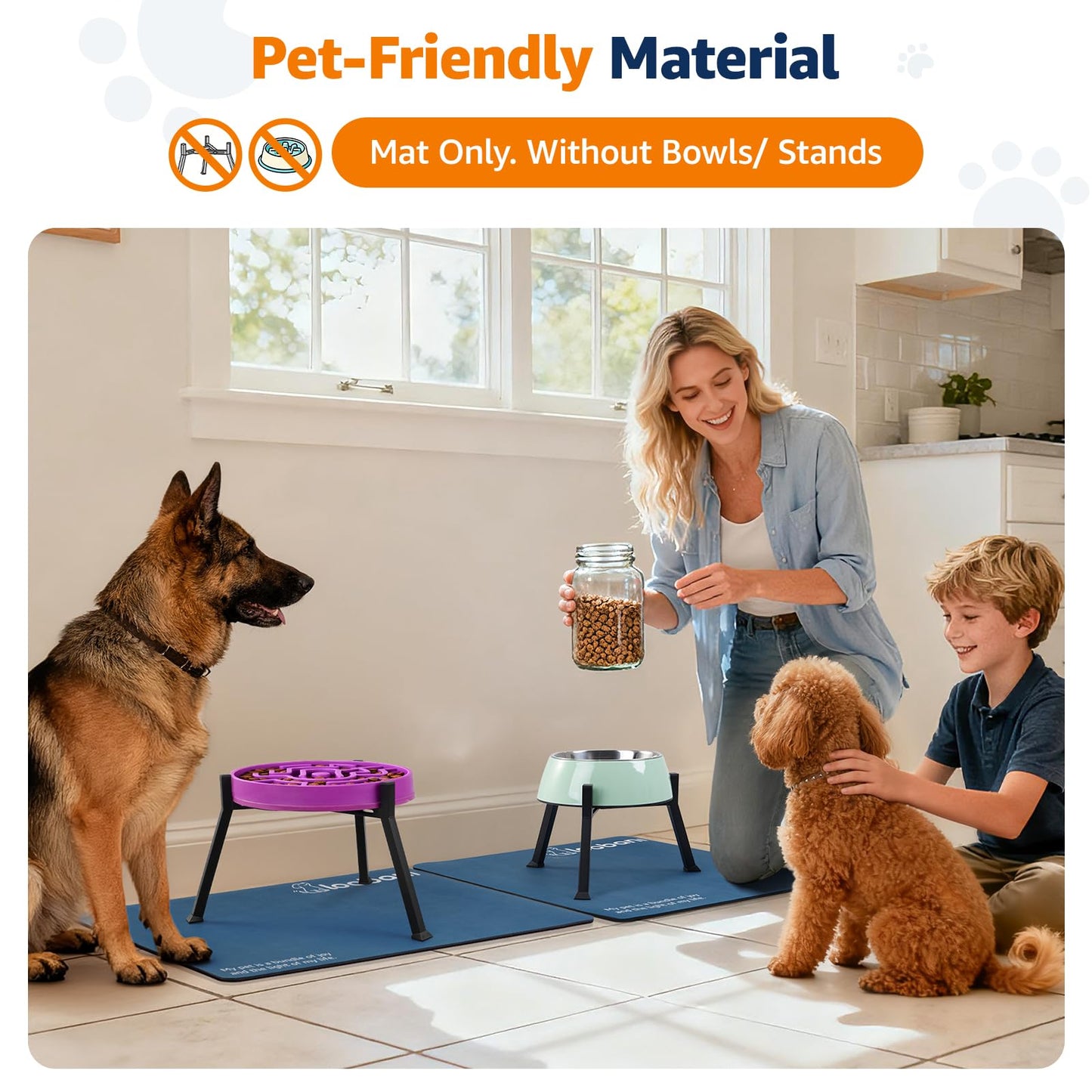 LOOBANI Dog Food Mat for Floors Waterproof 17.3"x17.3"- Absorbent Dog Bowl Mat for Food and Water Bowl, Leakproof Rubber Backing, Dog Feeding Mat for Dog, Cat, Pet (17.3"x17.3", Dark Blue)