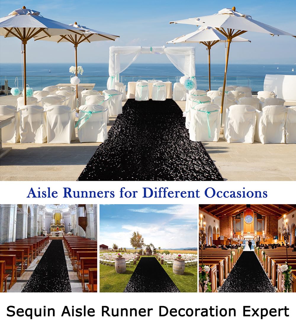 ShinyBeauty Sparkling Sequin Aisle Runner 4FTx20FT - Black Glitter Wedding Carpet,Sparkle Floor Runner Fabric for Ceremony & Reception