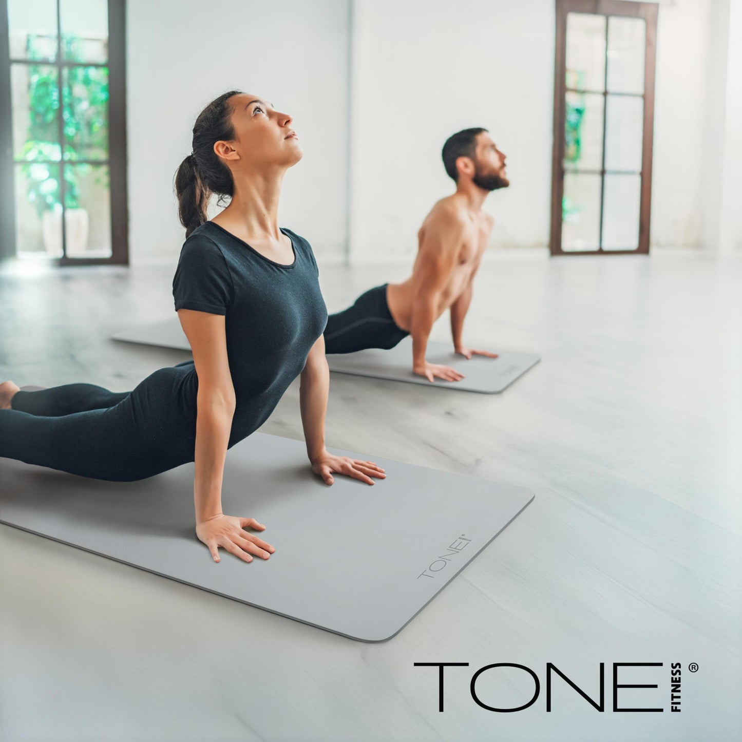 TONE Fitness Yoga Mat 1/4" Thick Non Slip Exercise & Pilates Mat for Home Workouts with Carrying Strap | Pyramid Pattern | Black