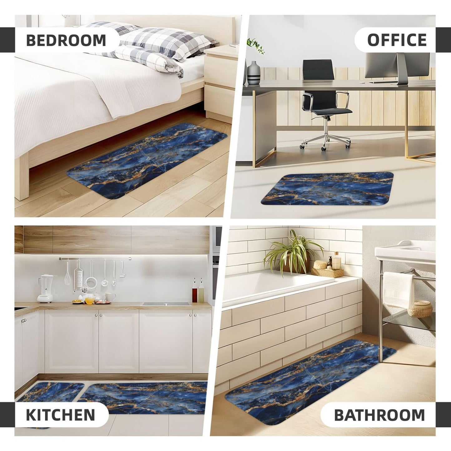 Sovvin Blue Gold Marble Kitchen Rugs Microfiber Floor Mats Cushioned Carpet Runner Rug for Laundry Bathroom Living Room, 2 Piece Set 17"X 47" + 17"X 30"