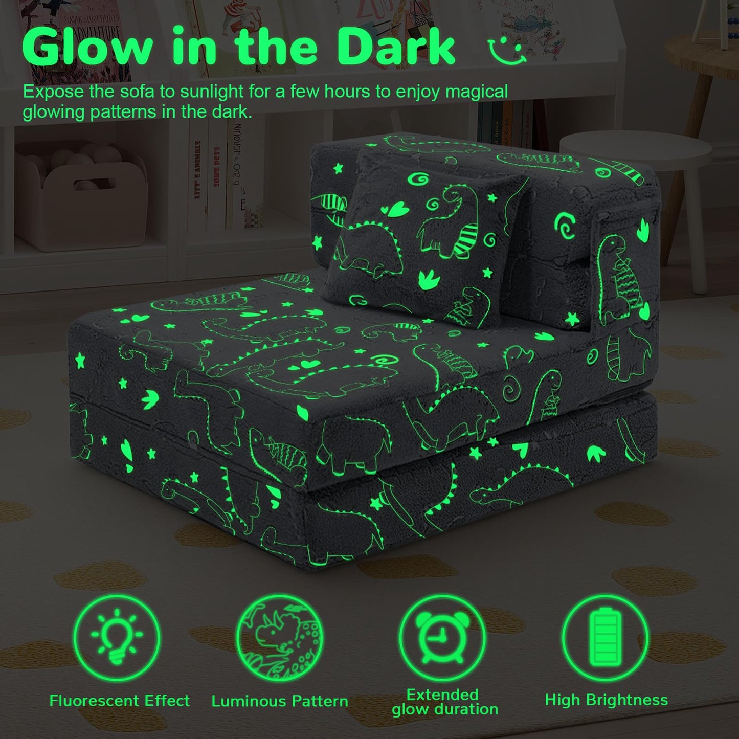 MeMoreCool Kids Floor Mattress Glow in The Dark, Convertible Sofa Couch, Folding Futon Chair Bed for Kids Playroom (Glowing Dinosaur)