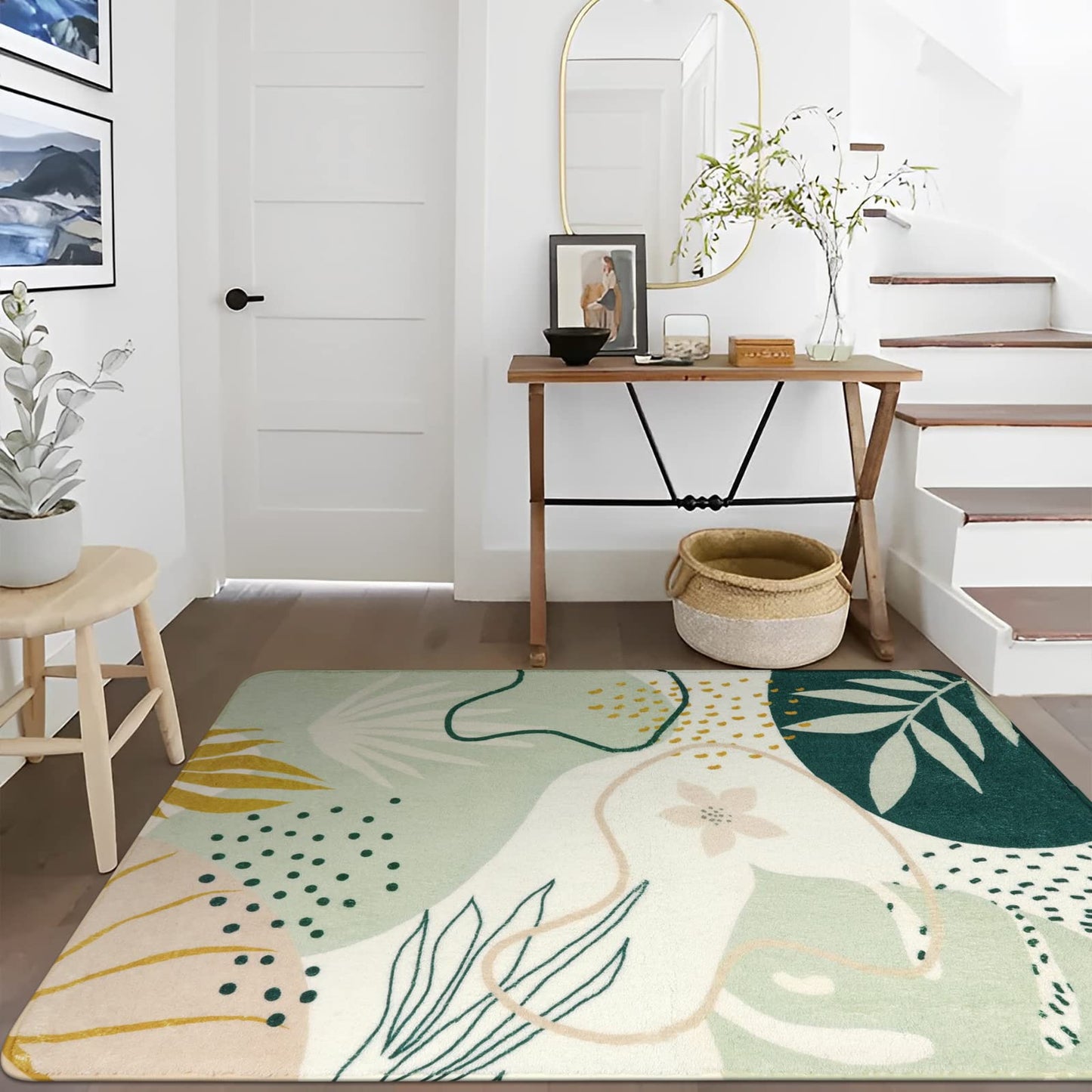 Lahome Sage Green Boho Area Rug 5x7, Washable Non Slip Soft Botanical Rug for Living Room Bedroom Cozy Home Decor