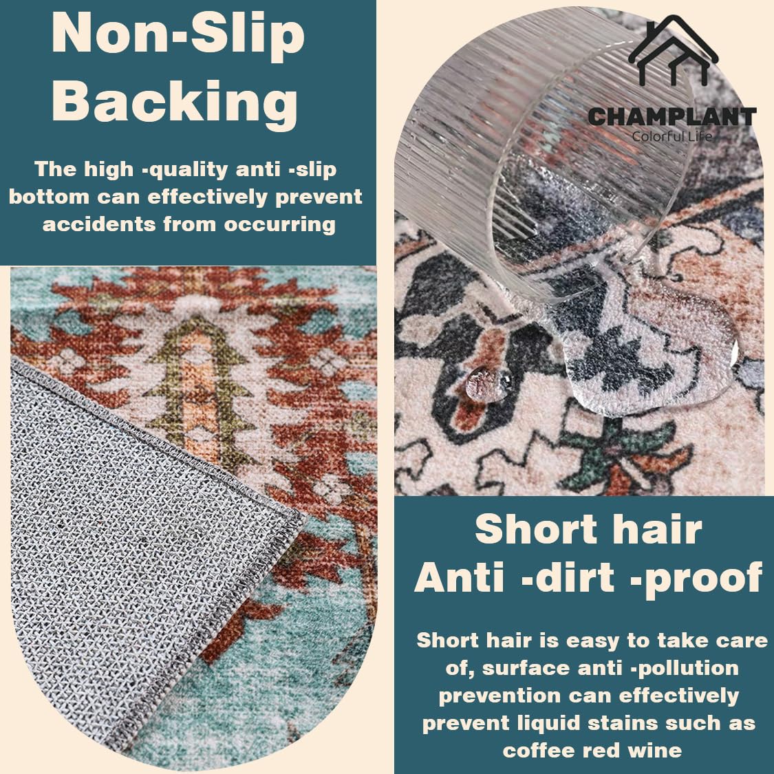 CHAMPLANT Washable Area Rug 8'x10' Retro Boho Design Non-Shedding Non-Slip Easy Care Ideal for High Traffic Areas in Living Room Bedroom Office Coffee Table Kitchen Large Carpet
