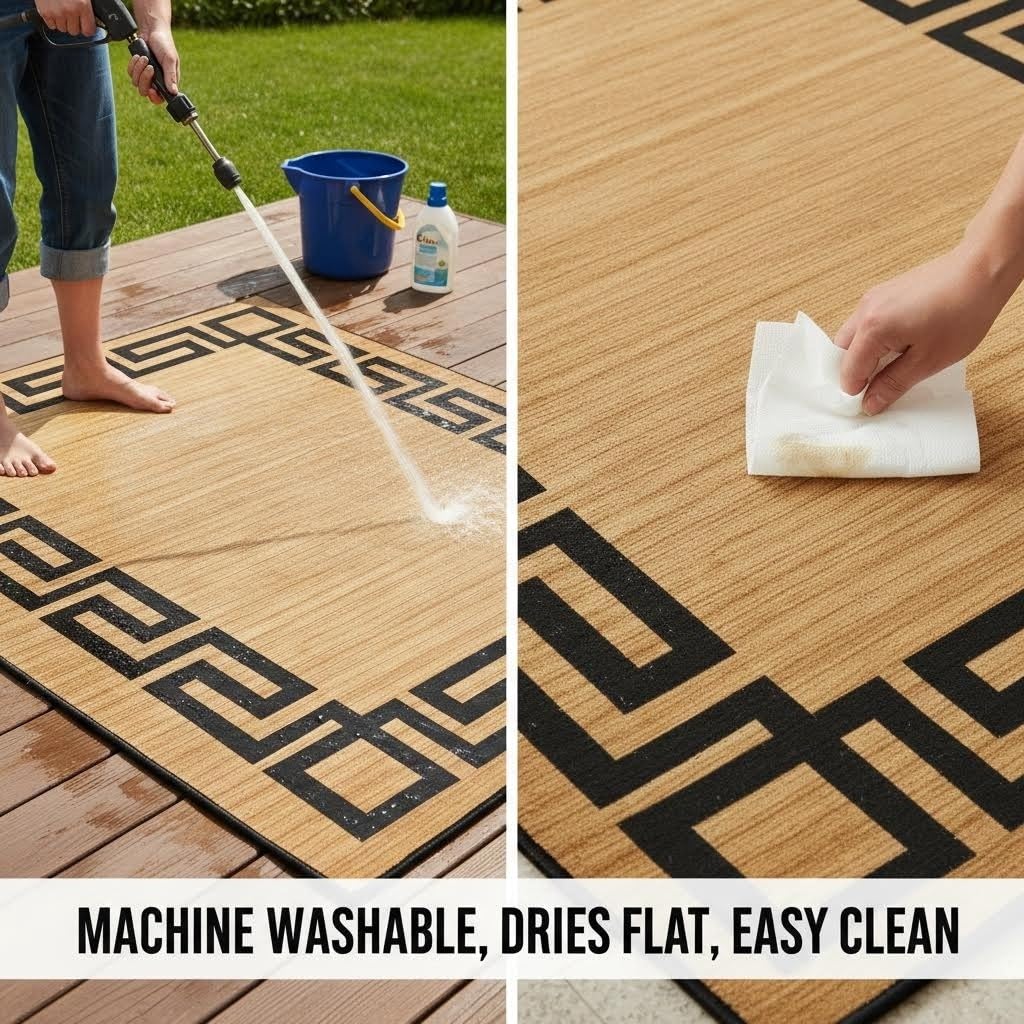 Black White Greek Key Border Outdoor Rug for Patio Deck Balcony Camping Garden Porch Large Waterproof Outside Carpet Meander Frame Decorative Area Rug Kitchen Camping Rv Picnic Easy Clean Mats 3x5