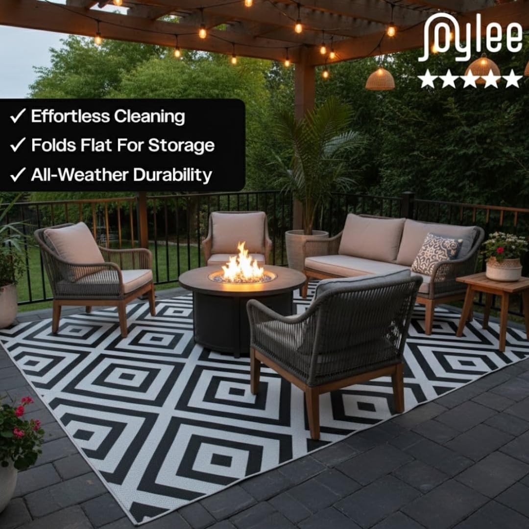 Outdoor Rug - 8x10 Outdoor Area Rug for Patio - Easy to Clean - Black and White Diamond Pattern - Outside Rug by Joylee