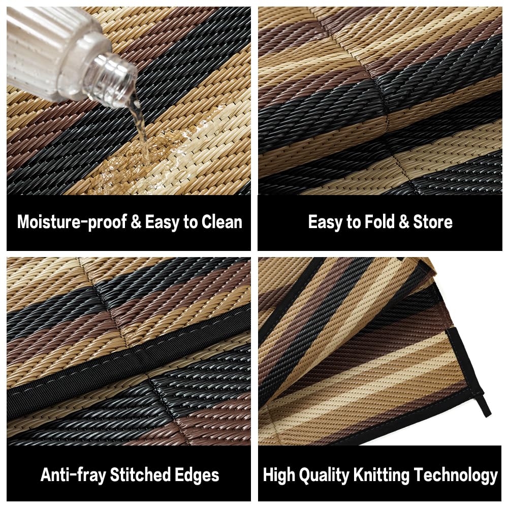 WondRg Outdoor Plastic Straw Rug Waterproof Patio 6x9 Brown Black Stripe Mat for Porch Camping RV Balcony Deck Courtyard Reversible Lightweight Durable Portable Carpet