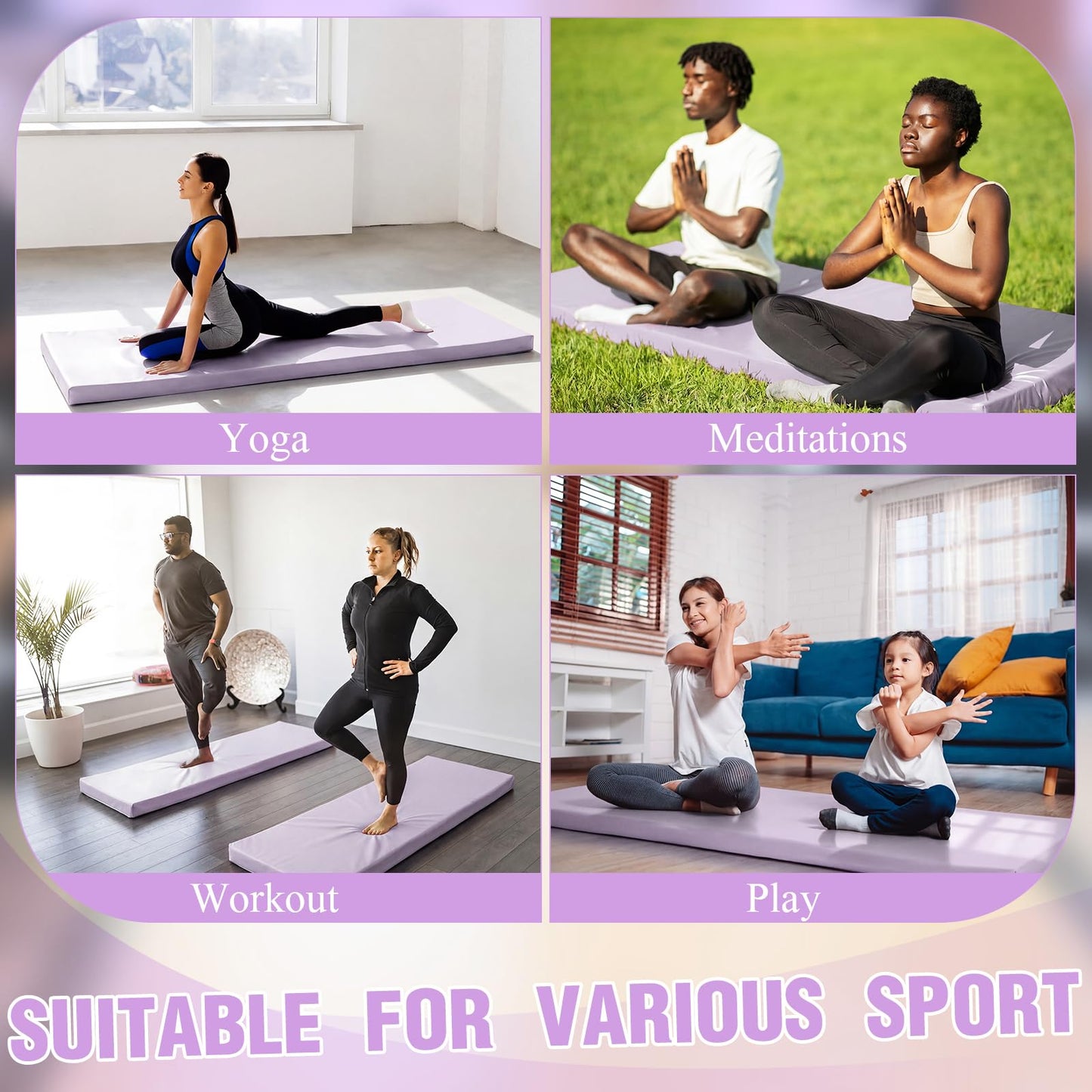 Lyrow 3 Inch 72"x 24" Thick Foldable Yoga Mat with Carry Strap, Non-slip Portable Foam Gym Mat for Yoga, Pilates and Stretching(Taro Purple)