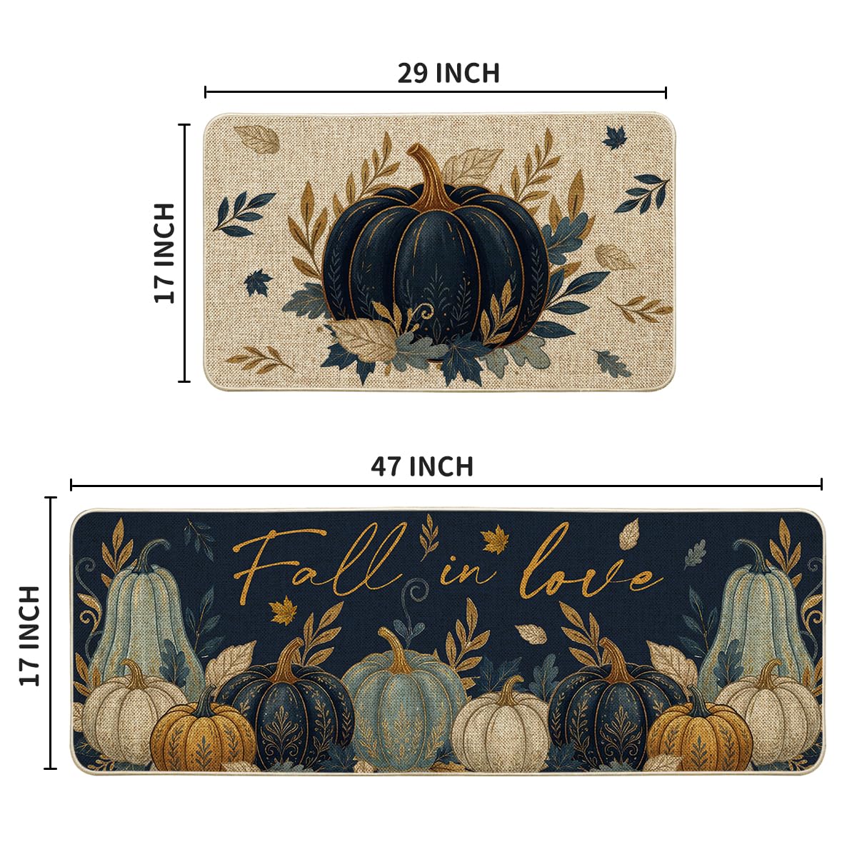 Artoid Mode Blue Pumpkin Leaves Fall Kitchen Mats Set of 2-17x29+17x47