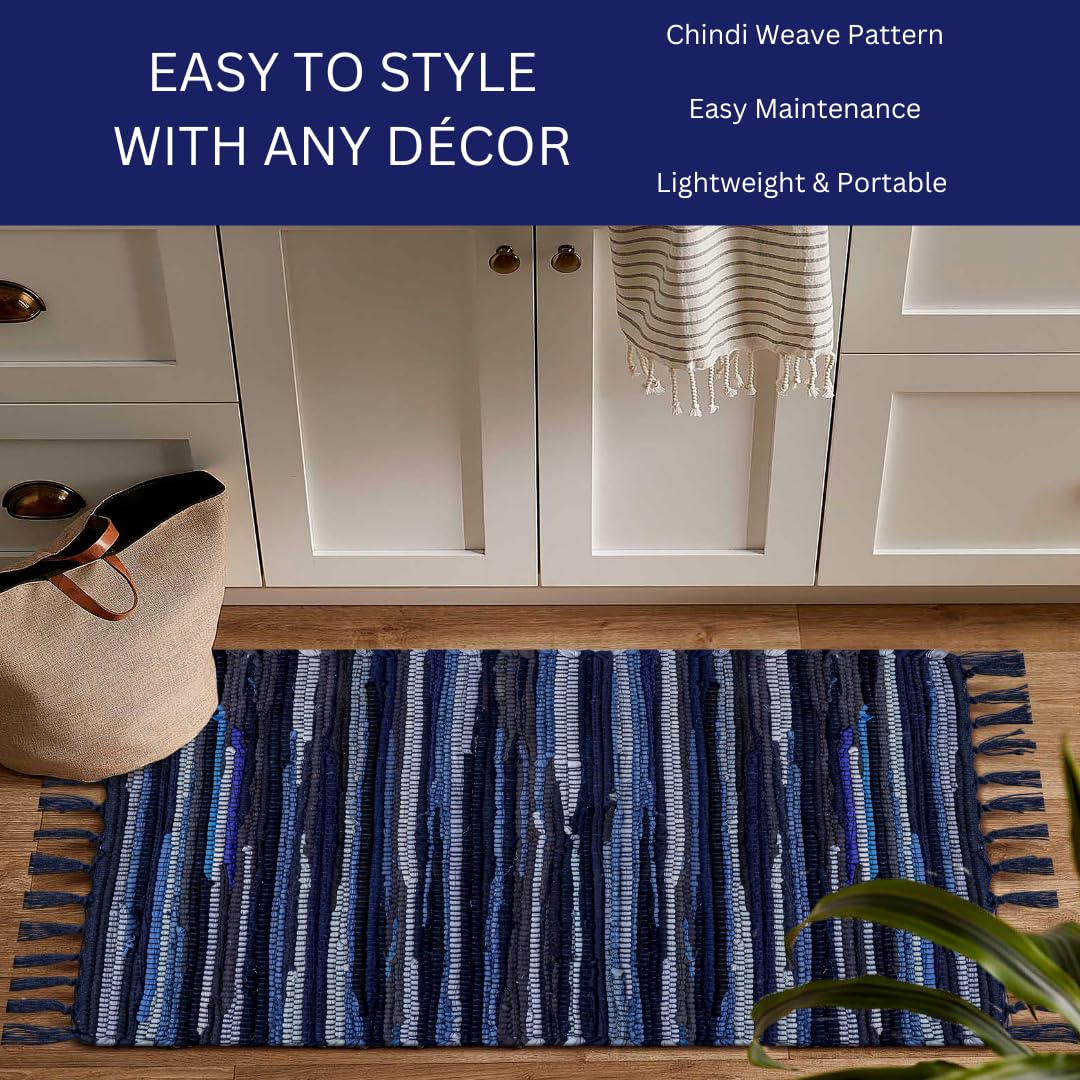 CottonCove Cotton Chindi Rug - Boho Rustic Area Accent Throw Rug - Area Floor Carpet for Bedroom Living Room Kitchen Dorm Entryway Hallway - 20x32 inch Hand Woven Reversible Area Rug Blue Multi