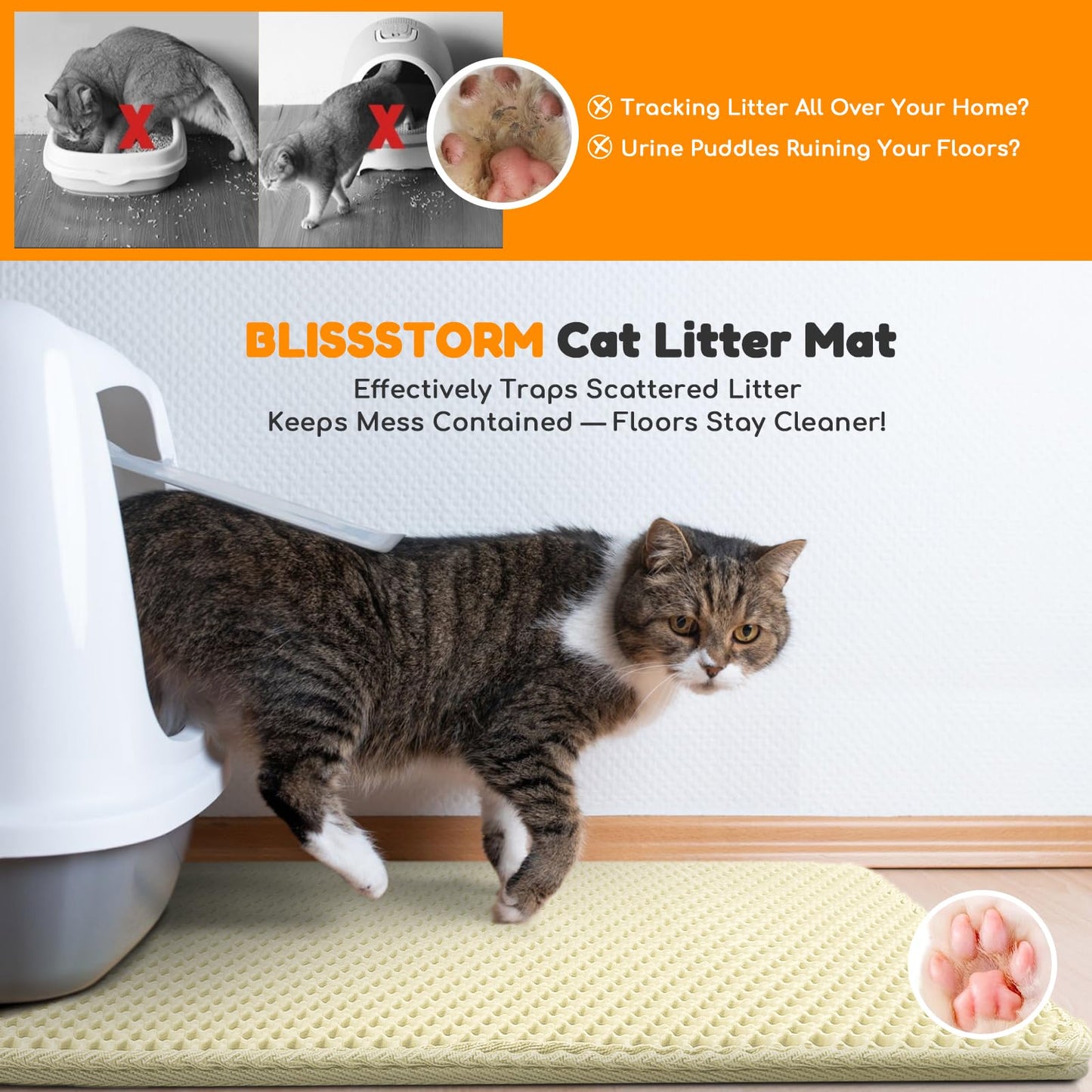 blissstorm Waterproof Cat Litter Mat - New 24x16 Inch Honeycomb Double Layer Traps Litter, Waterproof & Non-Slip Floor Protector, Easy Clean, Odor-Free, Cream