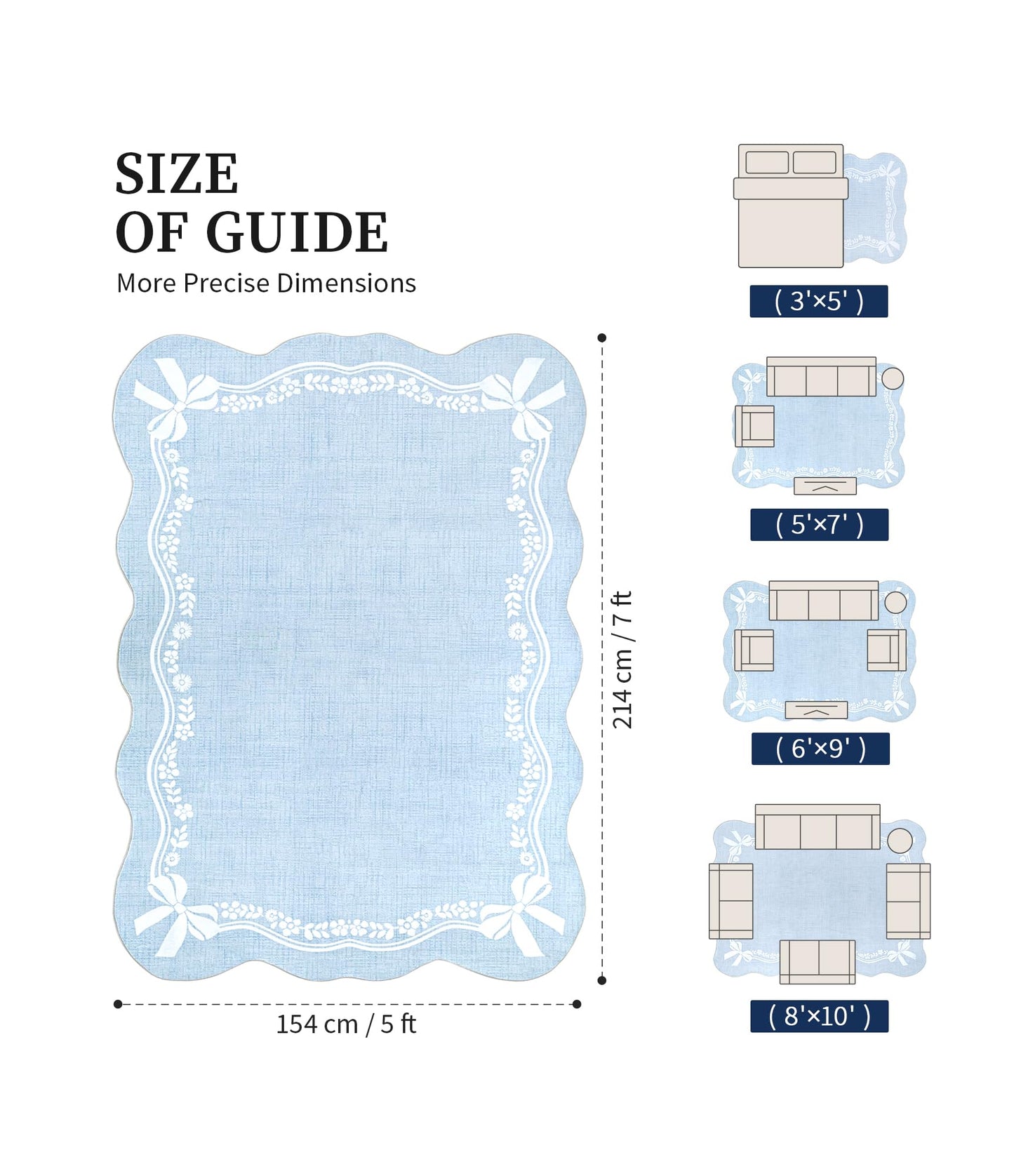 YIHOUSE 5'x7' Area Rug Blue Bow Scalloped Nursery Rug, Cute Princess Girls Bedroom Rug Washable,Non Slip Soft Low Pile Floral Border Carpet for Living Room Family Room Bedroom Standard Space