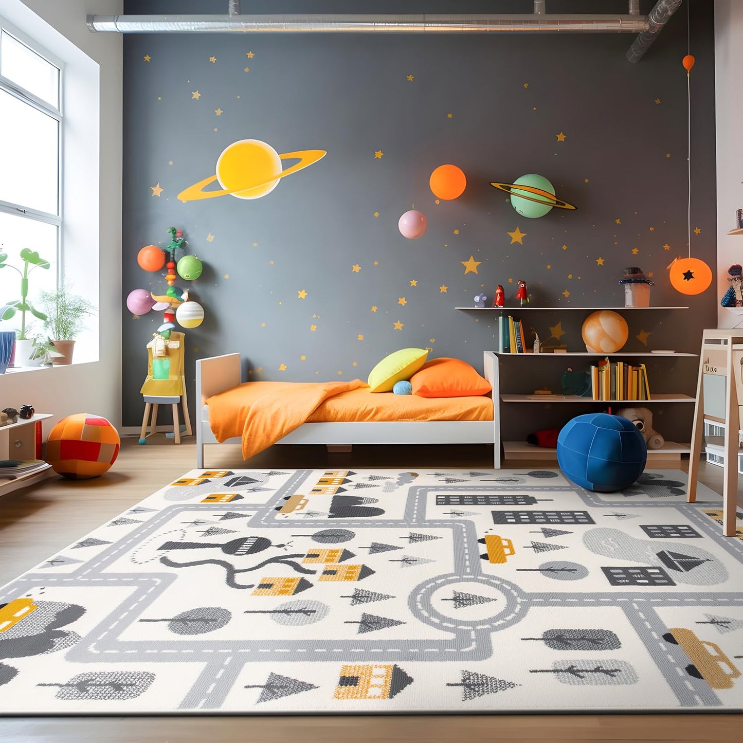 Rugshop Kids Play Road Rug for Playroom,Kidsoom,Nursery Room Interactive Cityscape for Cars and Toys Indoor Soft Area Rug 5' x 7' Cream