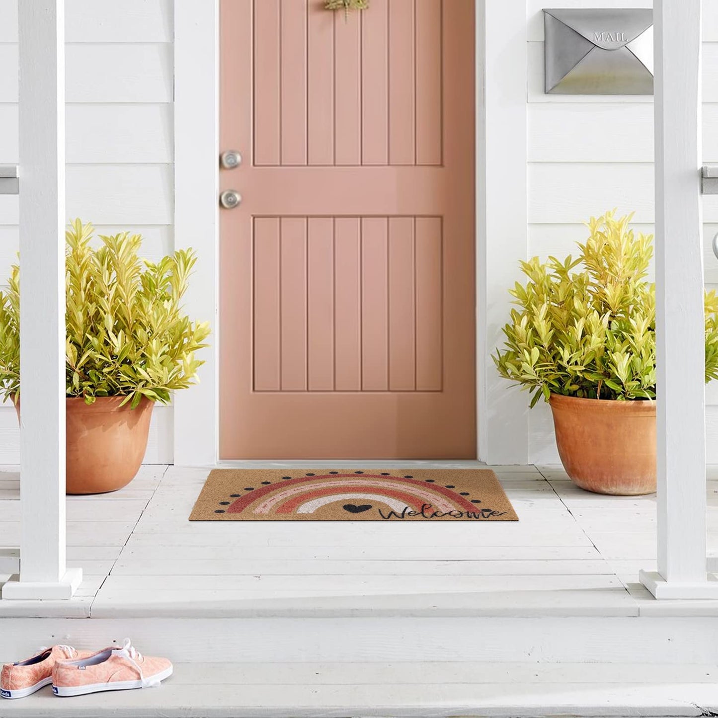 Rainbow Welcome Doormat Boho Rainbow Indoor Outdoor Entryway Doormats Non-Slip Backing Rug Neutral Rainbow Housewarming Wedding Gifts 17X30 Inches