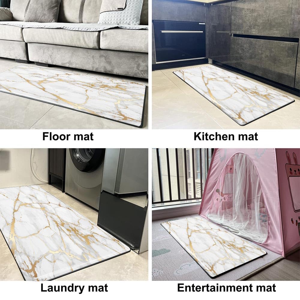 Mrcrypos Gold White Kitchen Rugs Cushioned Anti Fatigue Marble Kitchen Runner Rug PVC Waterproof Leather Long Kitchen Rug Non Slip Floor Comfort Mat for Kitchen Sink Laundry Office 23.5" W x 70" L