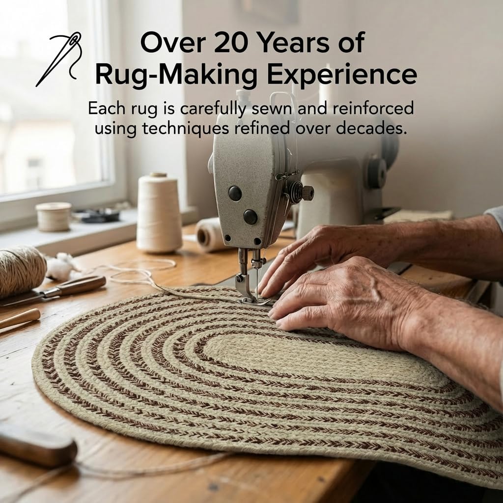 Cotton Braided Rug - 4' x 6' Beige and Brown Oval Woven Farmhouse Rug for Bedroom - Braided Minimalist Rugs for Living Room - Rustic Primitive Rugs for Breakfast Nook