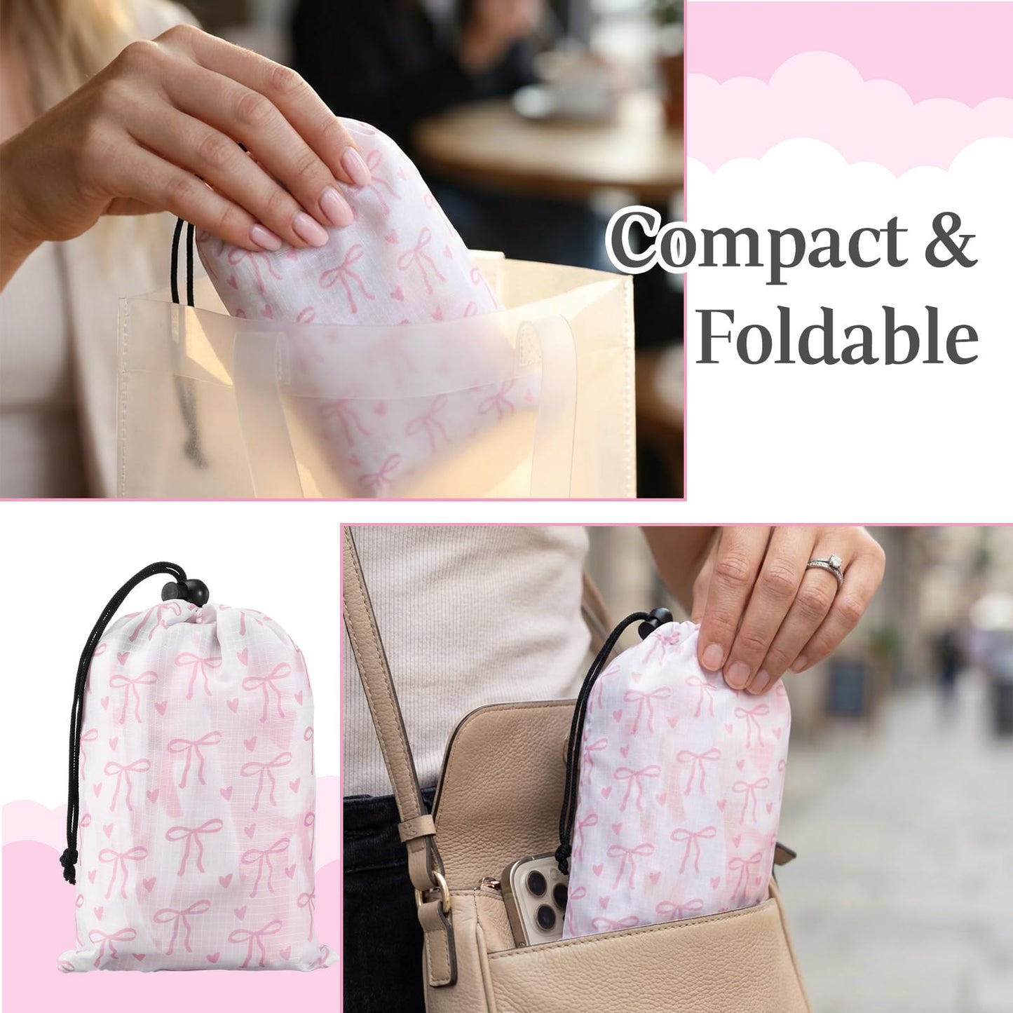 HunnmingRe Lightweight Pink Bow Pocket Picnic Blanket with Storage Bag 55 x 60inch Waterproof Cute Packable Sandproof Beach Mat Compact Washable Picnic Mat for Outdoor Hiking Camping Travel
