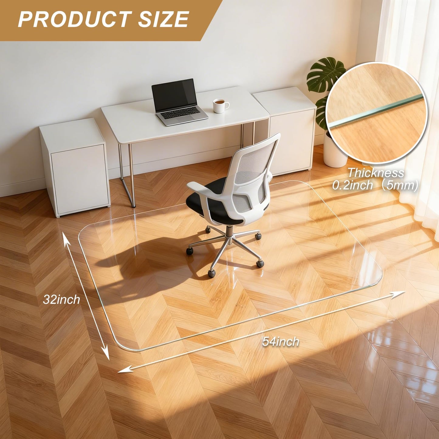 Vicwe Glass Chair Mat for Carpet,32"x54" Tempered Glass Office Chair Mat,1/5" Thick Glass Chair Mat with Rounded and Polished Edges,Smooth Glide for Carpet & Hardwood Floor Protection