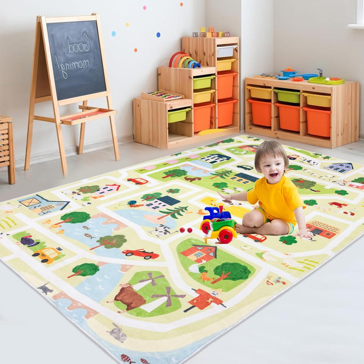 Lacomfy Kids Rug 4x6 Large Farm Animal Area Rug Traffic Road Children Play Mat for Playroom Nonslip Toy Cars Mat Farm Animals Zoo Road Kids Rug for Classroom Bedroom, Green