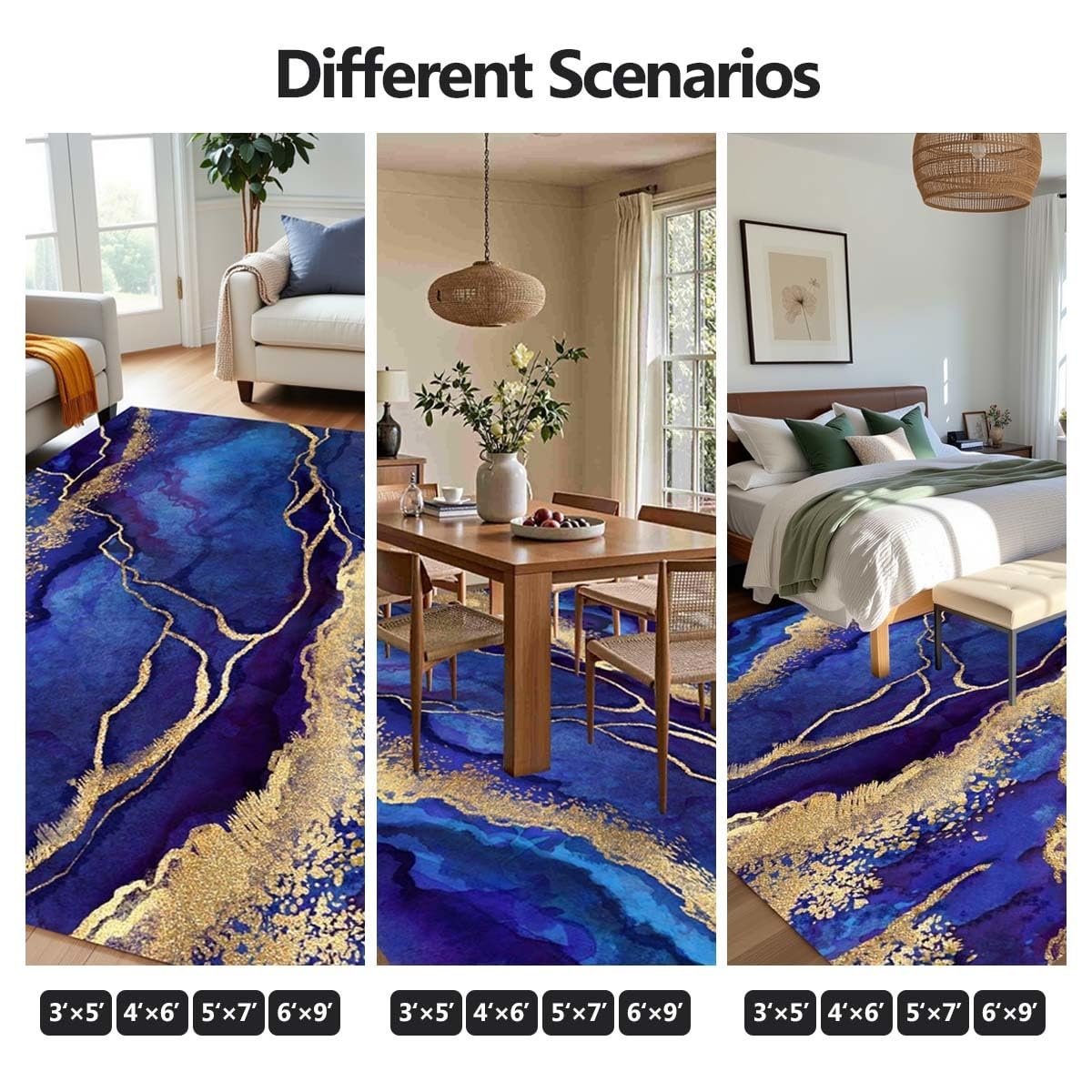 Marble Liquid Swirl Blue Gold Stripe Area Rug 7x10 Contemporary Abstract Art Decor Rug for Living Room Dining Room Playroom Soft Washable Carpet Luxury Chic Home Office Entryway Floor Rug Runner Mat