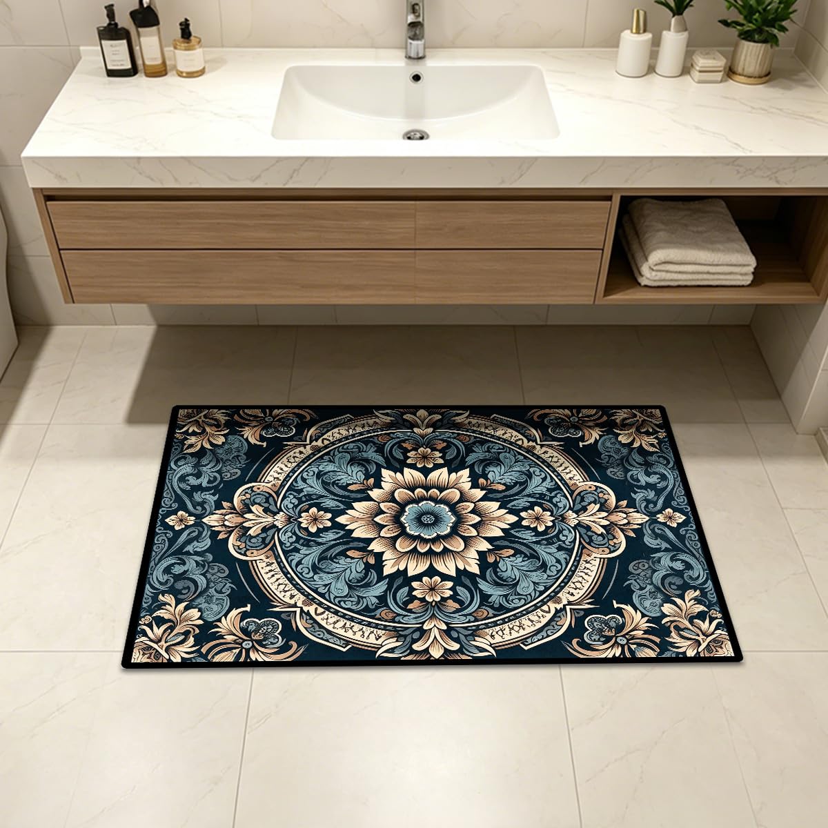 Washable Corridor Runner Rug, Non-Slip Hallway Rug with Upgrade Rubber Backing, Stain Resistant Faux Wool Distressed Carpet for Bedroom Kitchen Laundry Corridor Balcony (Navy Blue, 35.4" x 23.6")